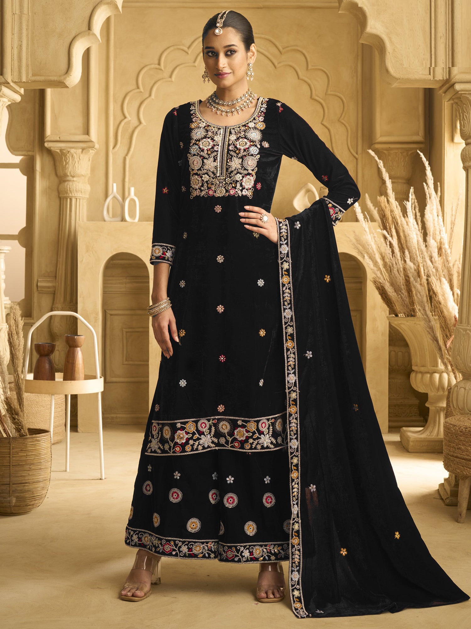 Black Sequins Work Salwar Suit In Palazzo Style