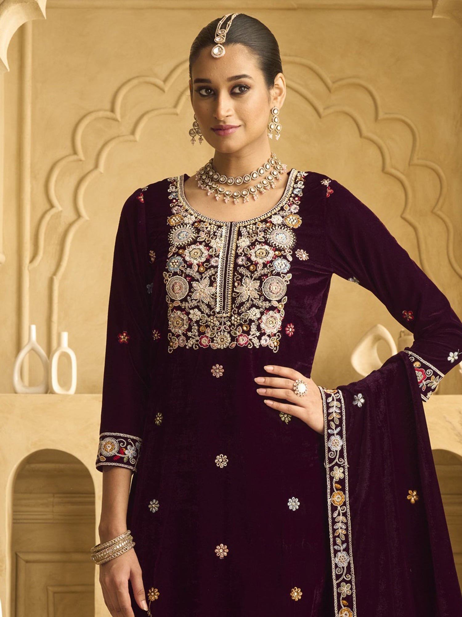 Maroon Party Wear Velvet Palazzo Salwar Kameez