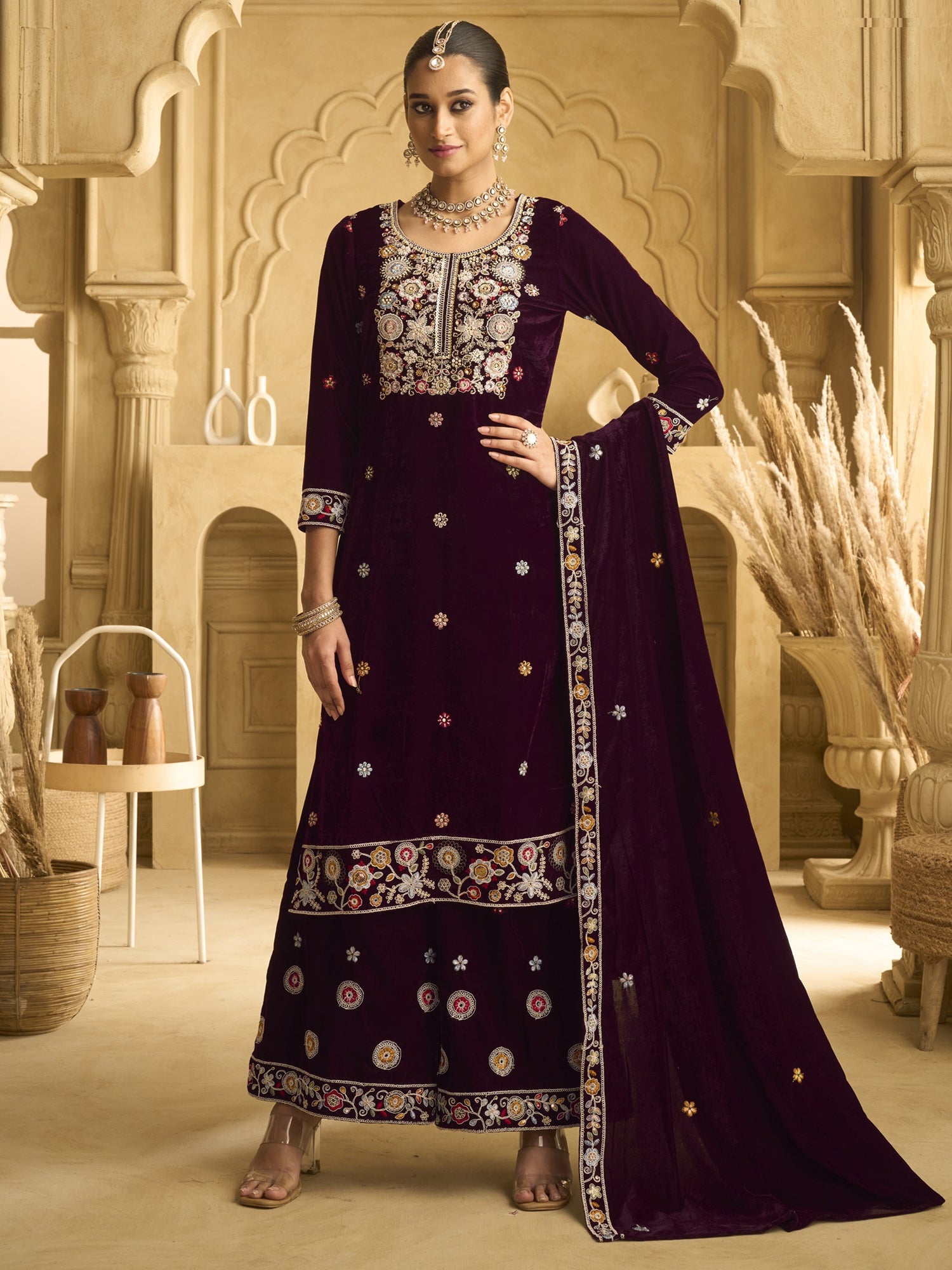 Maroon Party Wear Velvet Palazzo Salwar Kameez