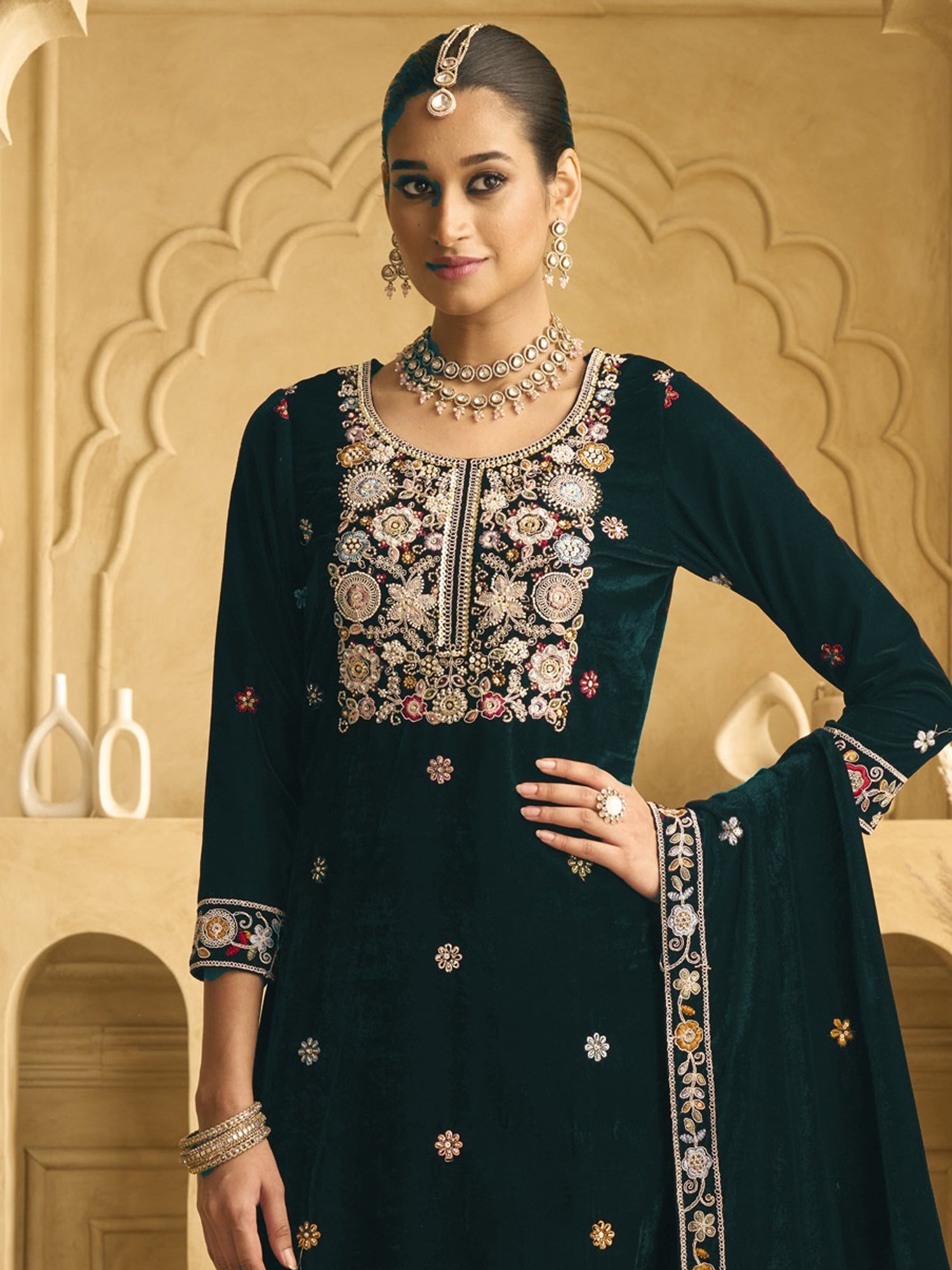 Green Embroidered Salwar Kameez With Velvet Dupatta
