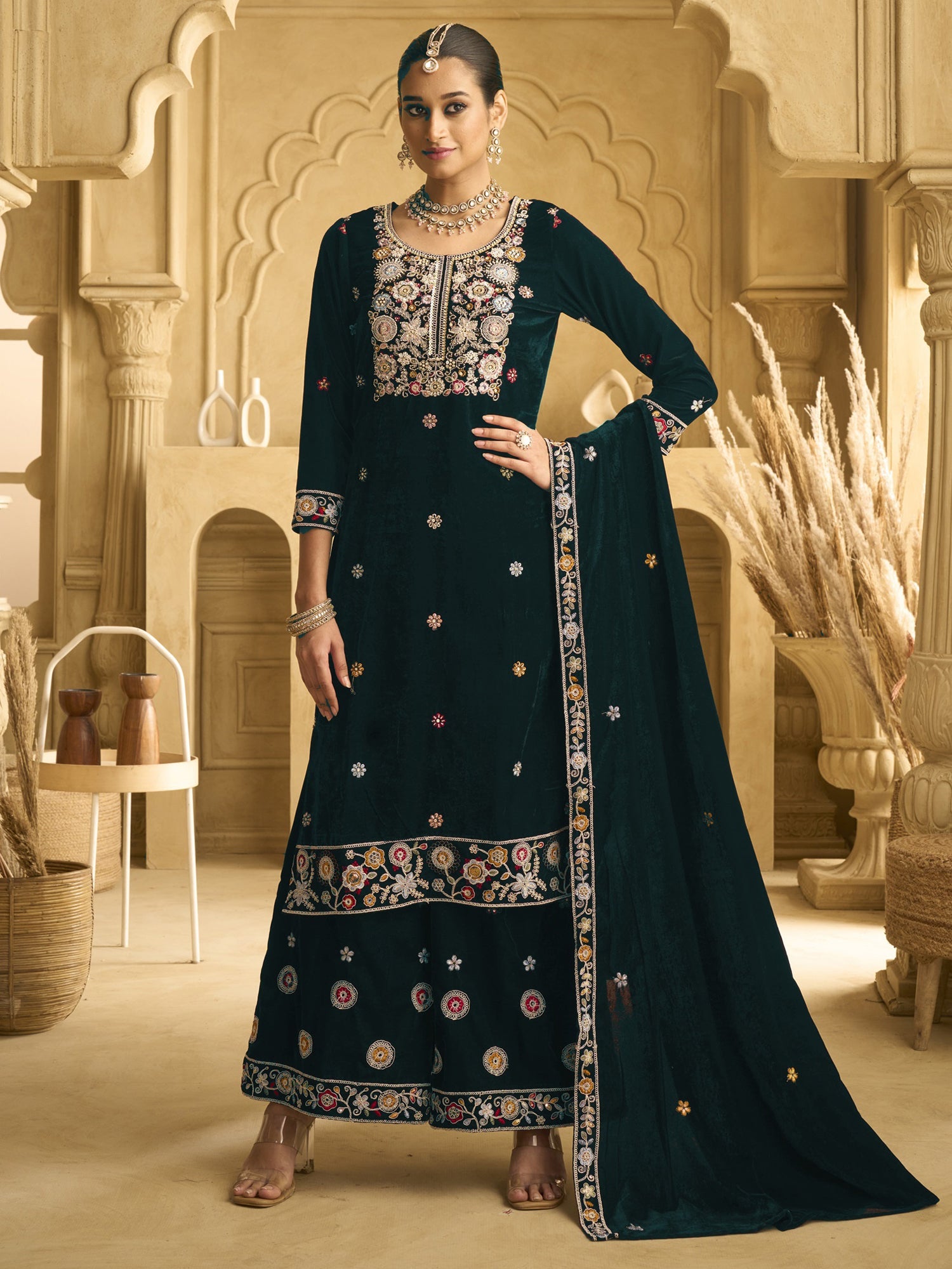 Green Embroidered Salwar Kameez With Velvet Dupatta