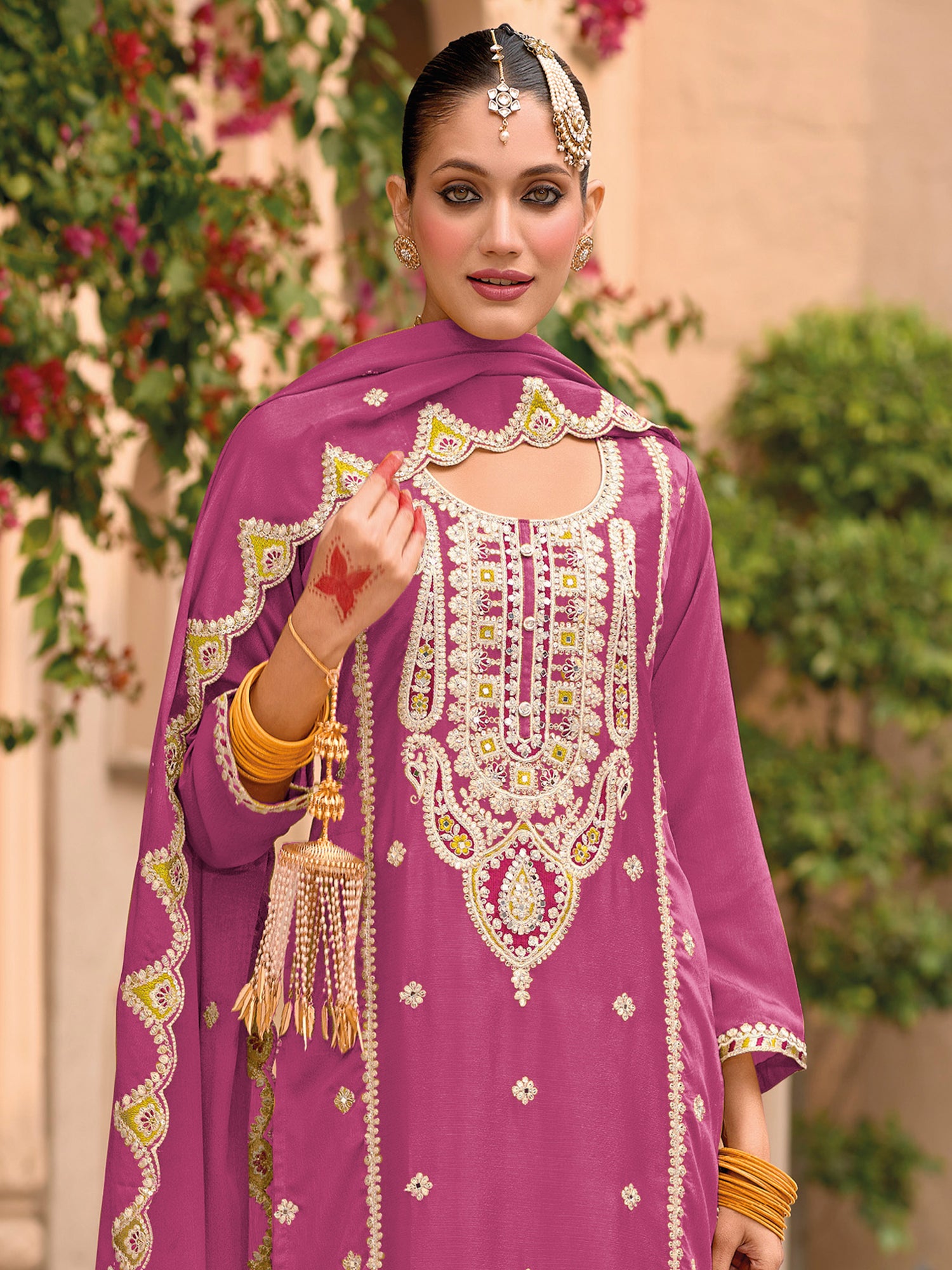 Magenta Mirror Embroidered Palazzo Suit Set