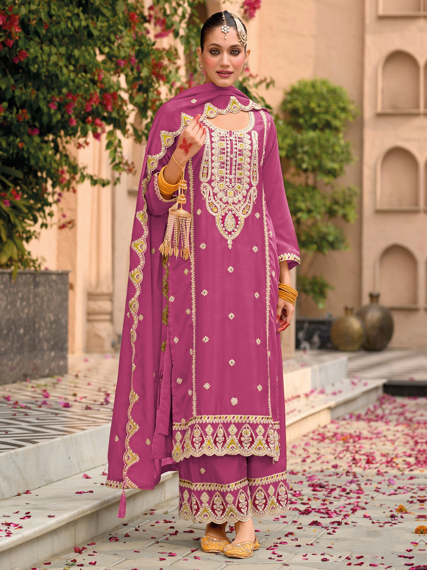 Magenta Mirror Embroidered Palazzo Suit Set
