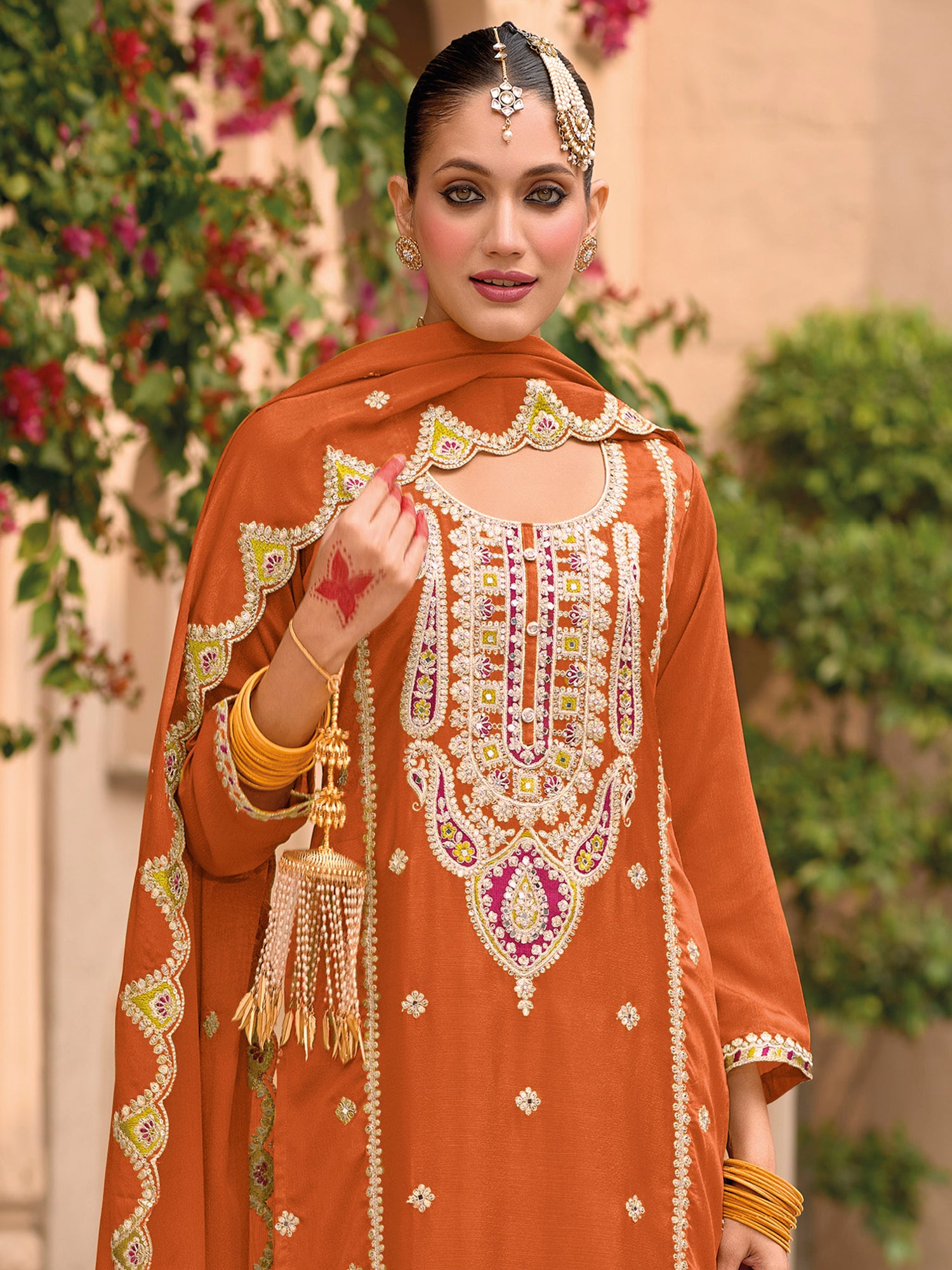 Orange Heavy Embroidered Salwar Suit In Silk