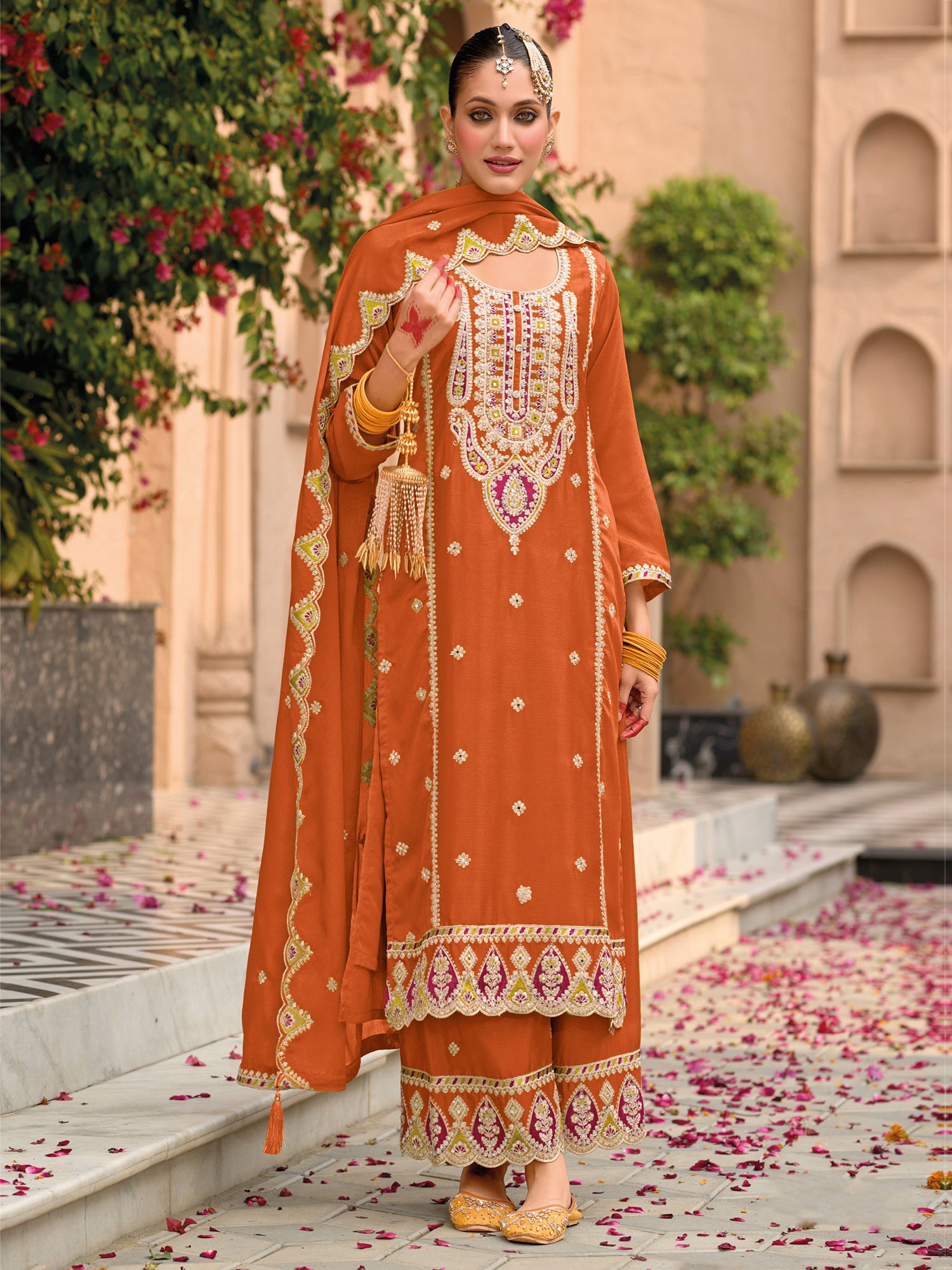 Orange Heavy Embroidered Salwar Suit In Silk