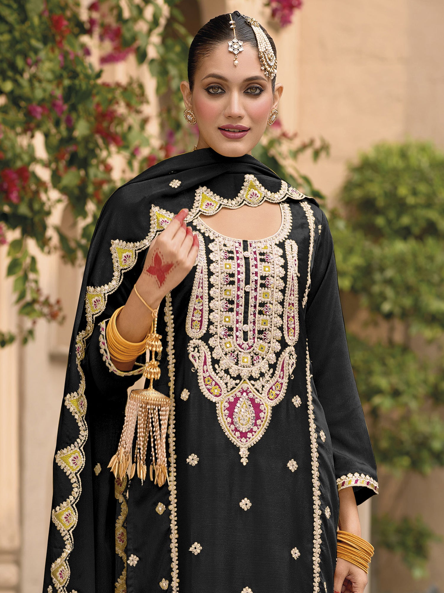 Black Palazzo Style Pakistani Suit In Zari Embroidery