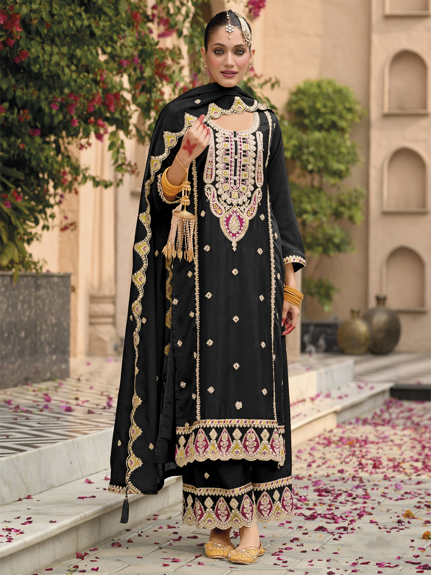 Black Palazzo Style Pakistani Suit In Zari Embroidery
