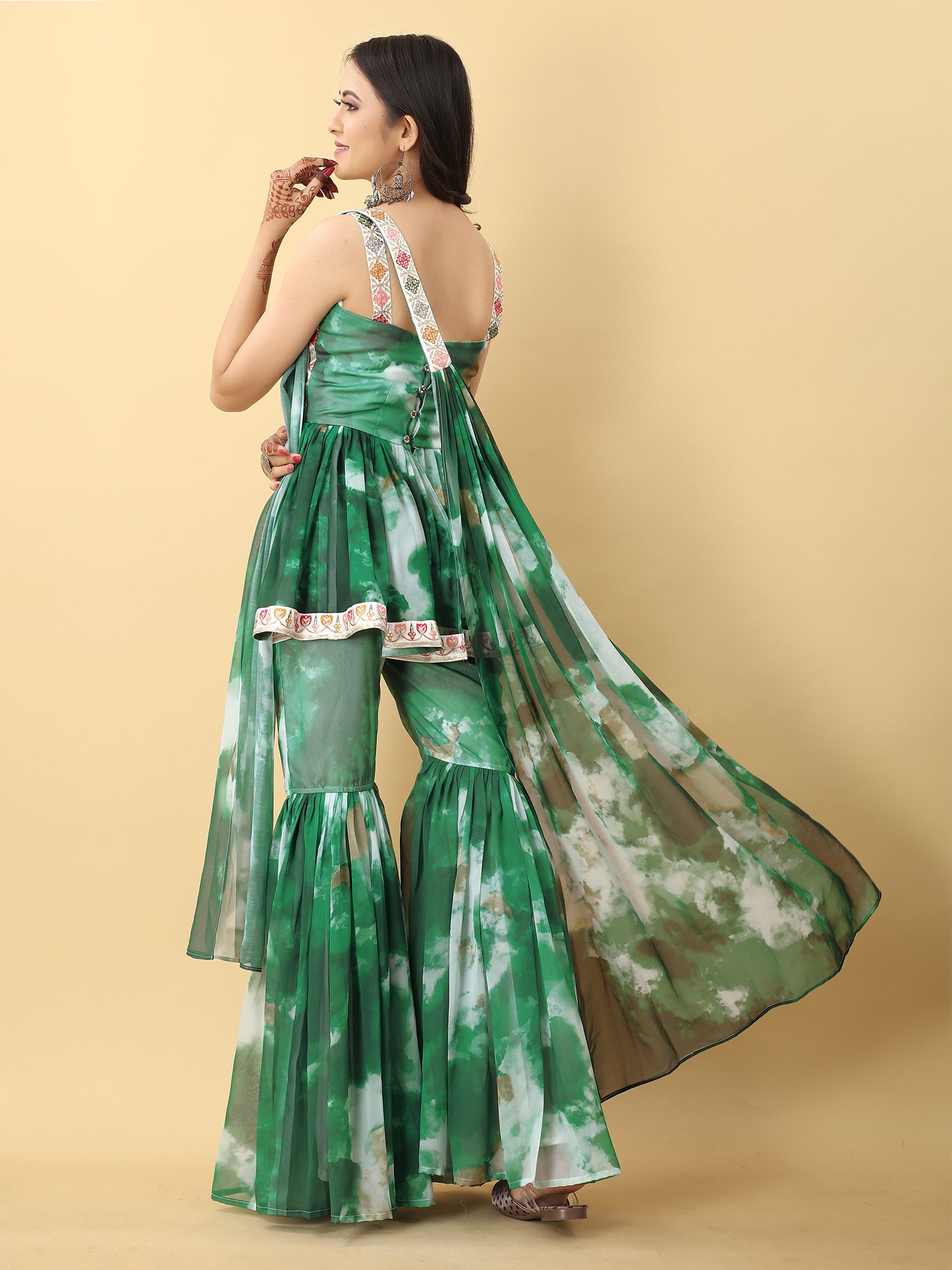 Green Georgette Sharara Suit With Flare Kameez