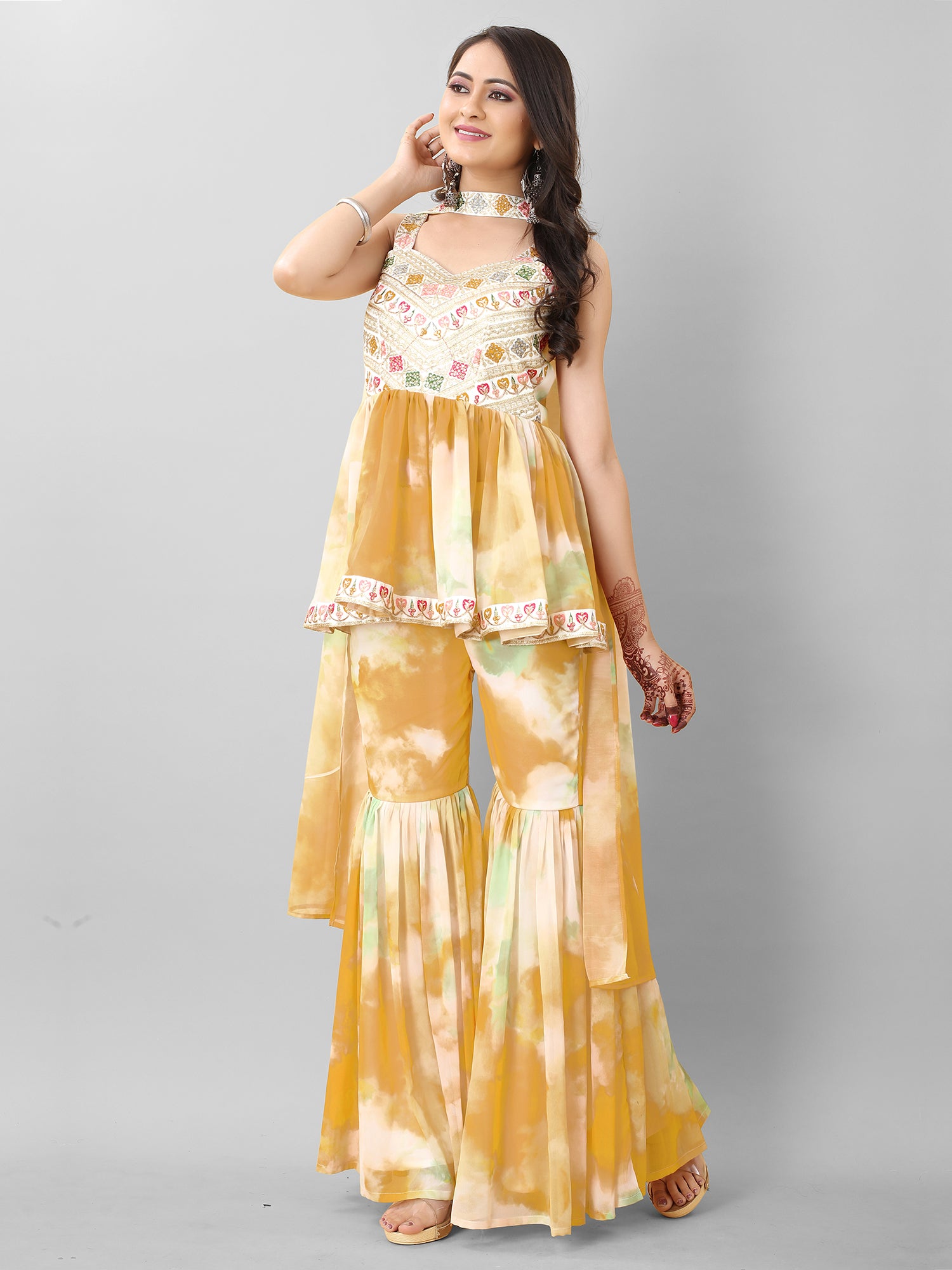 Yellow Zari Embroidered Sharara Style Suit Set