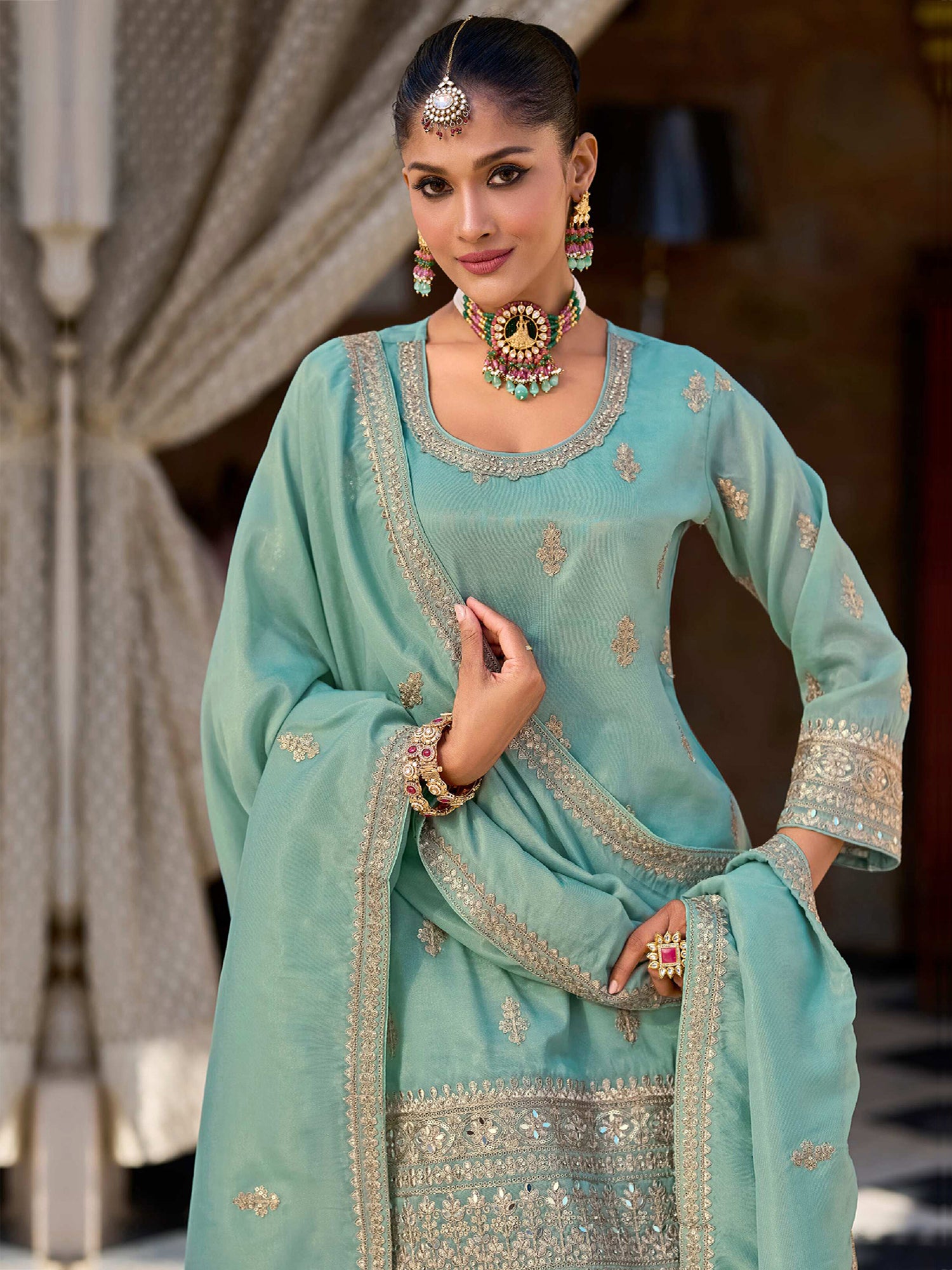 Light Turquoise Silvar Zari Embroidered Salwar Kameez