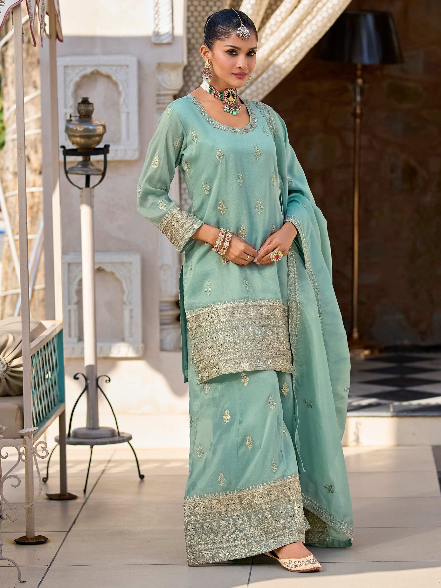 Light Turquoise Silvar Zari Embroidered Salwar Kameez