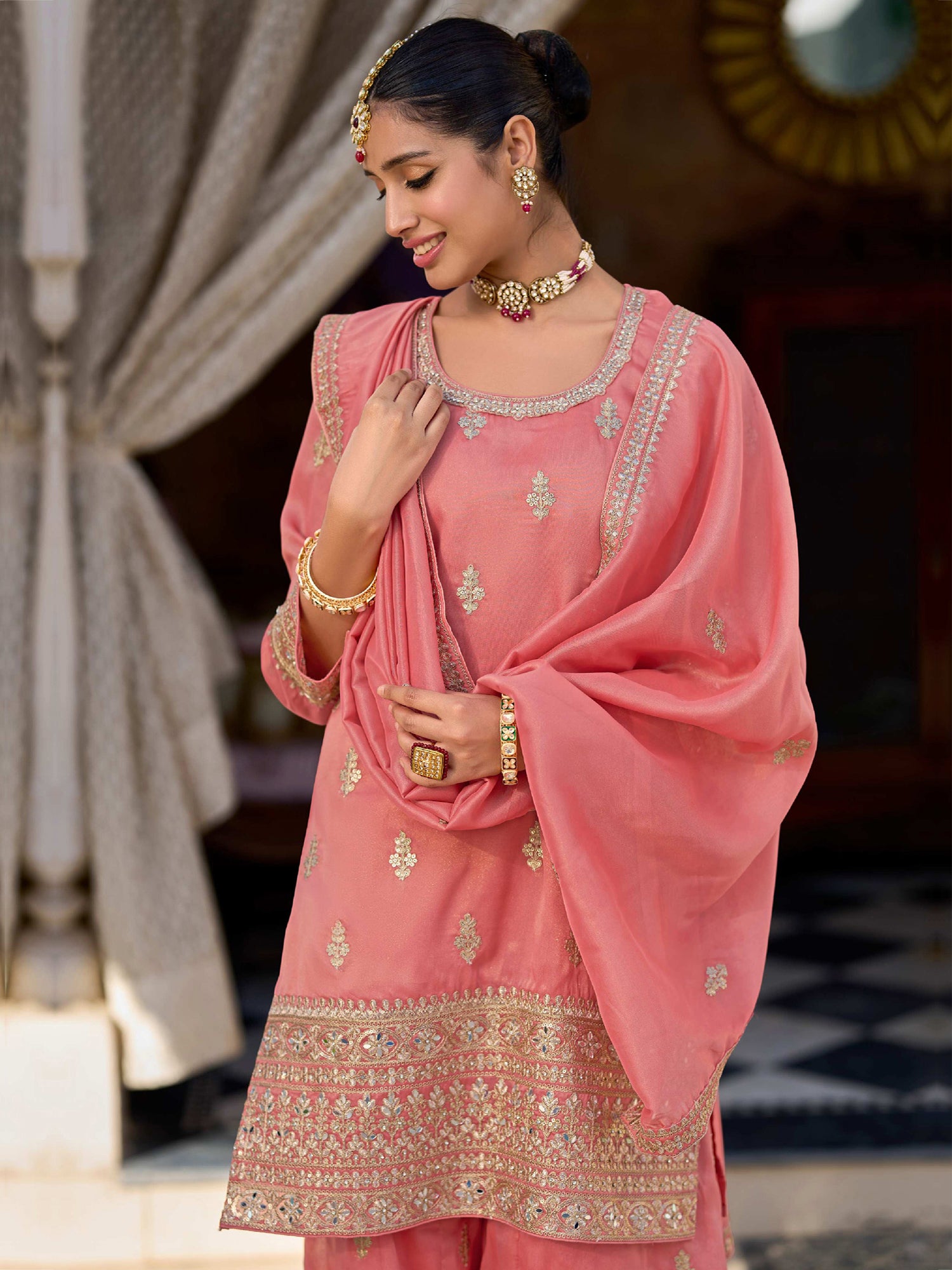 Peach Mirror Work Readymade Palazzo Salwar Suit