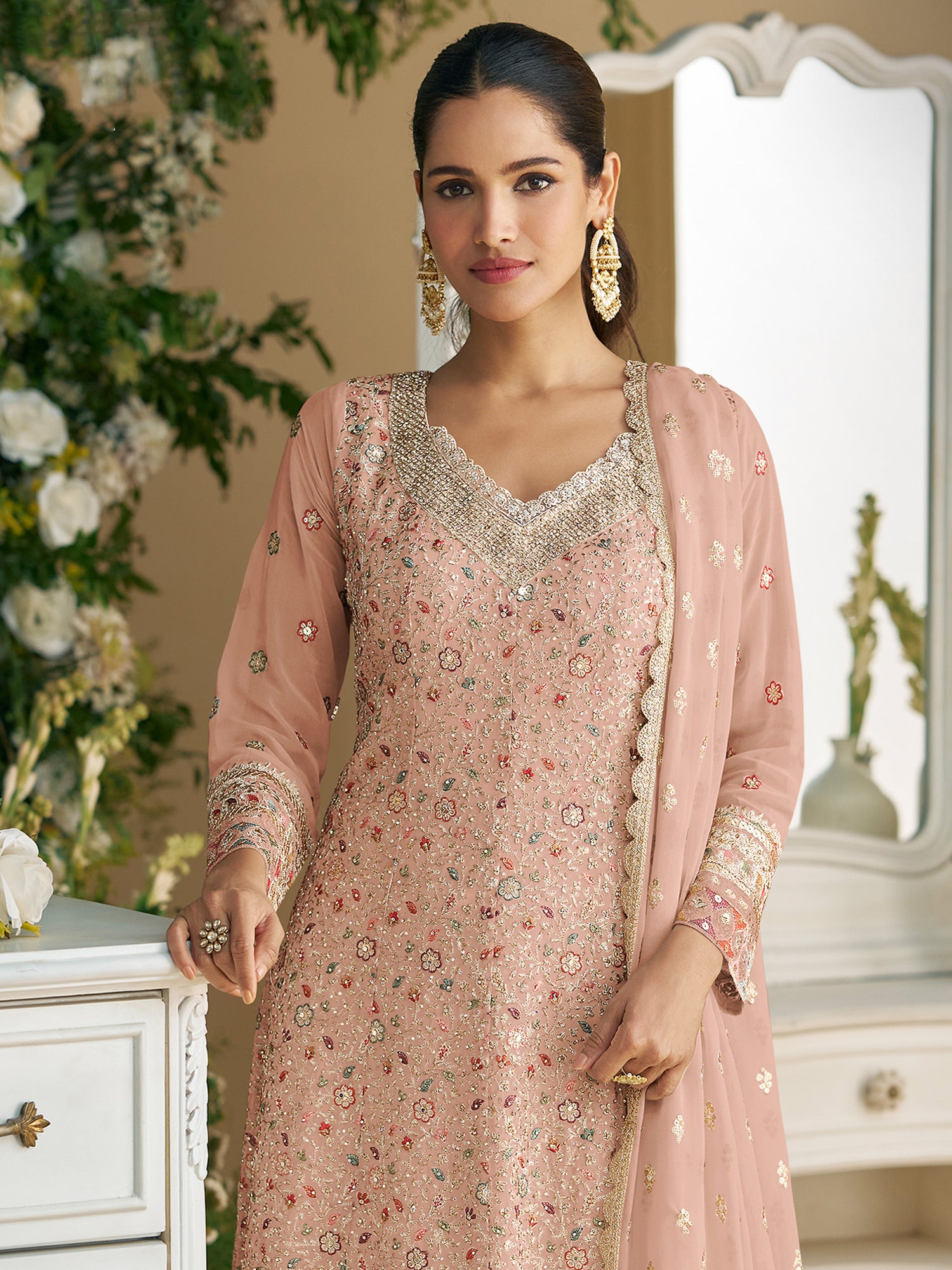 Dusty Peach Embroidered Wedding Palazzo Style Suit