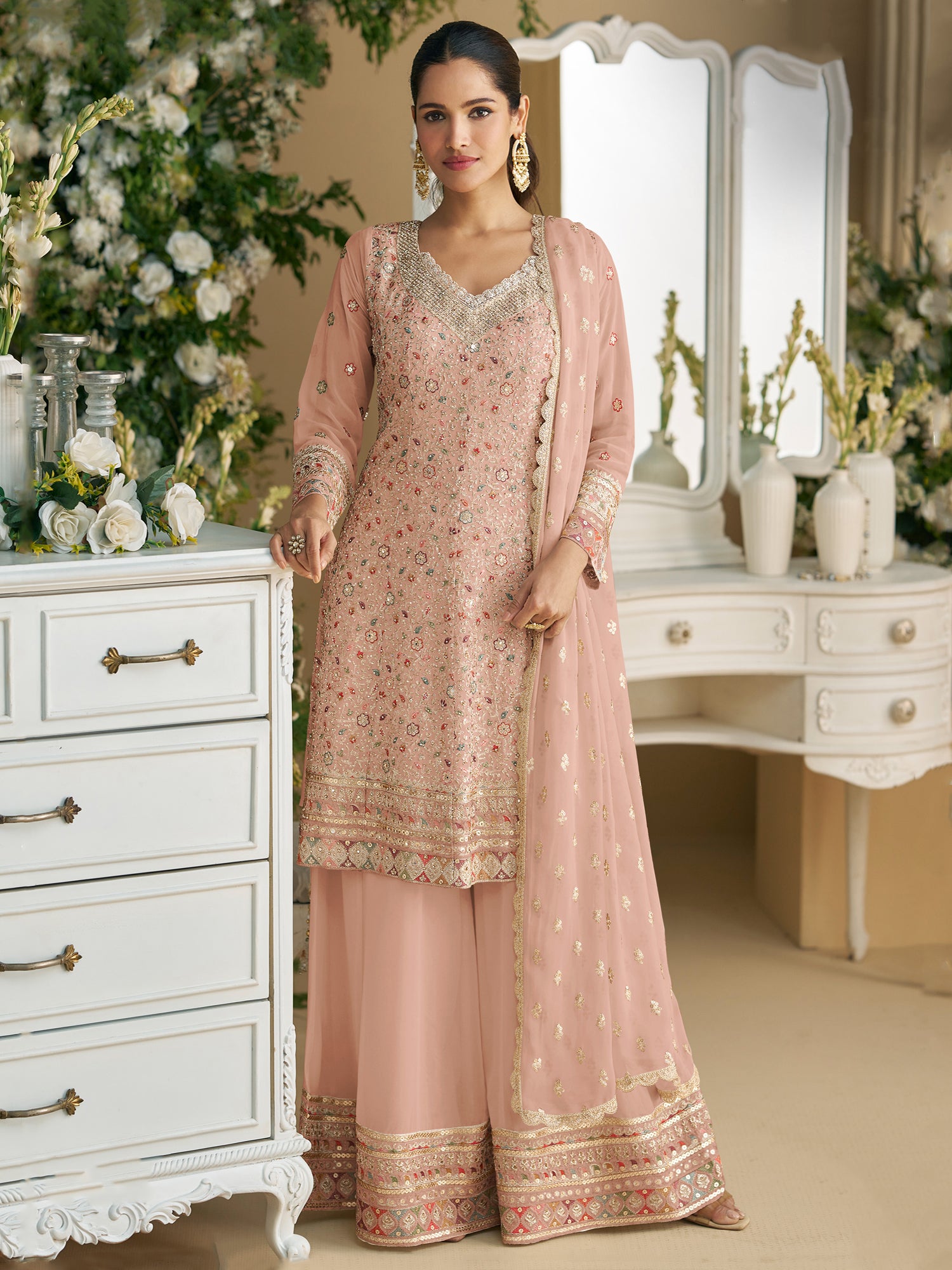 Dusty Peach Embroidered Wedding Palazzo Style Suit