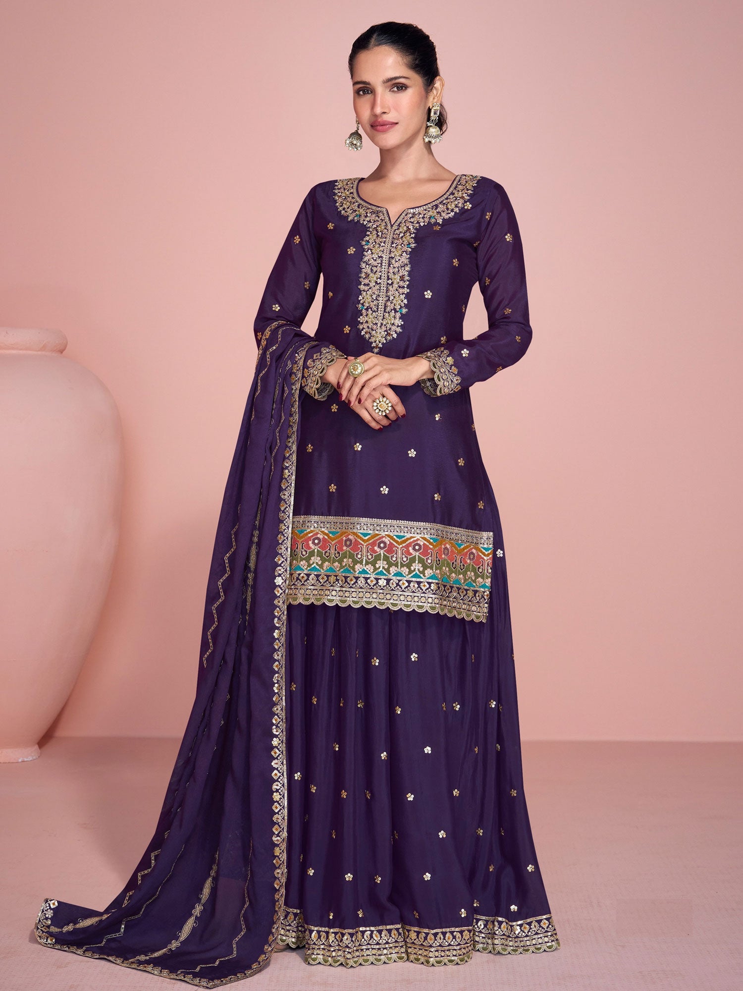 Purple Sequins Augmented Straight Cut Salwar Kameez