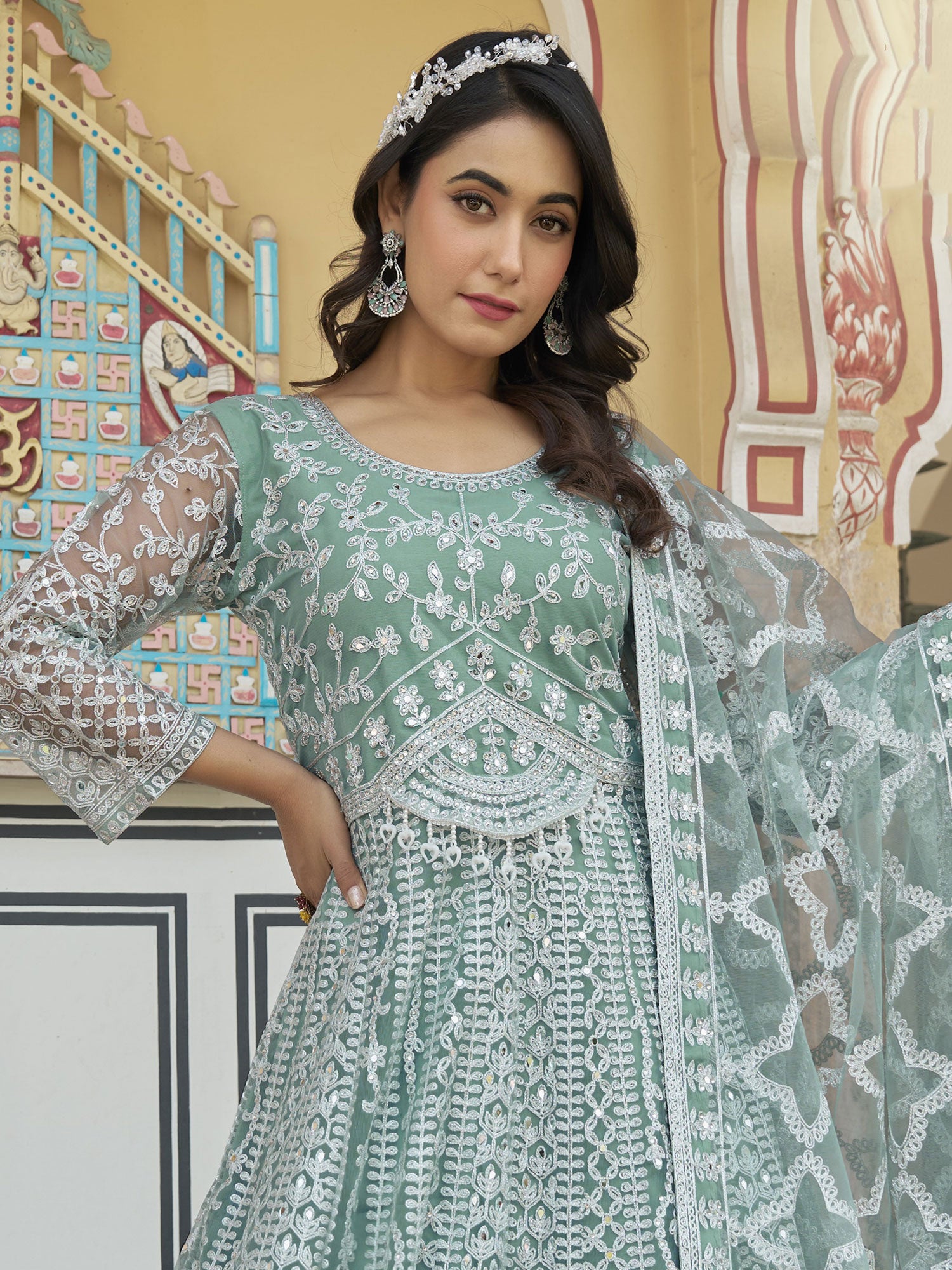 Turquoise Mirror Enhanced Anarkali Style Suit