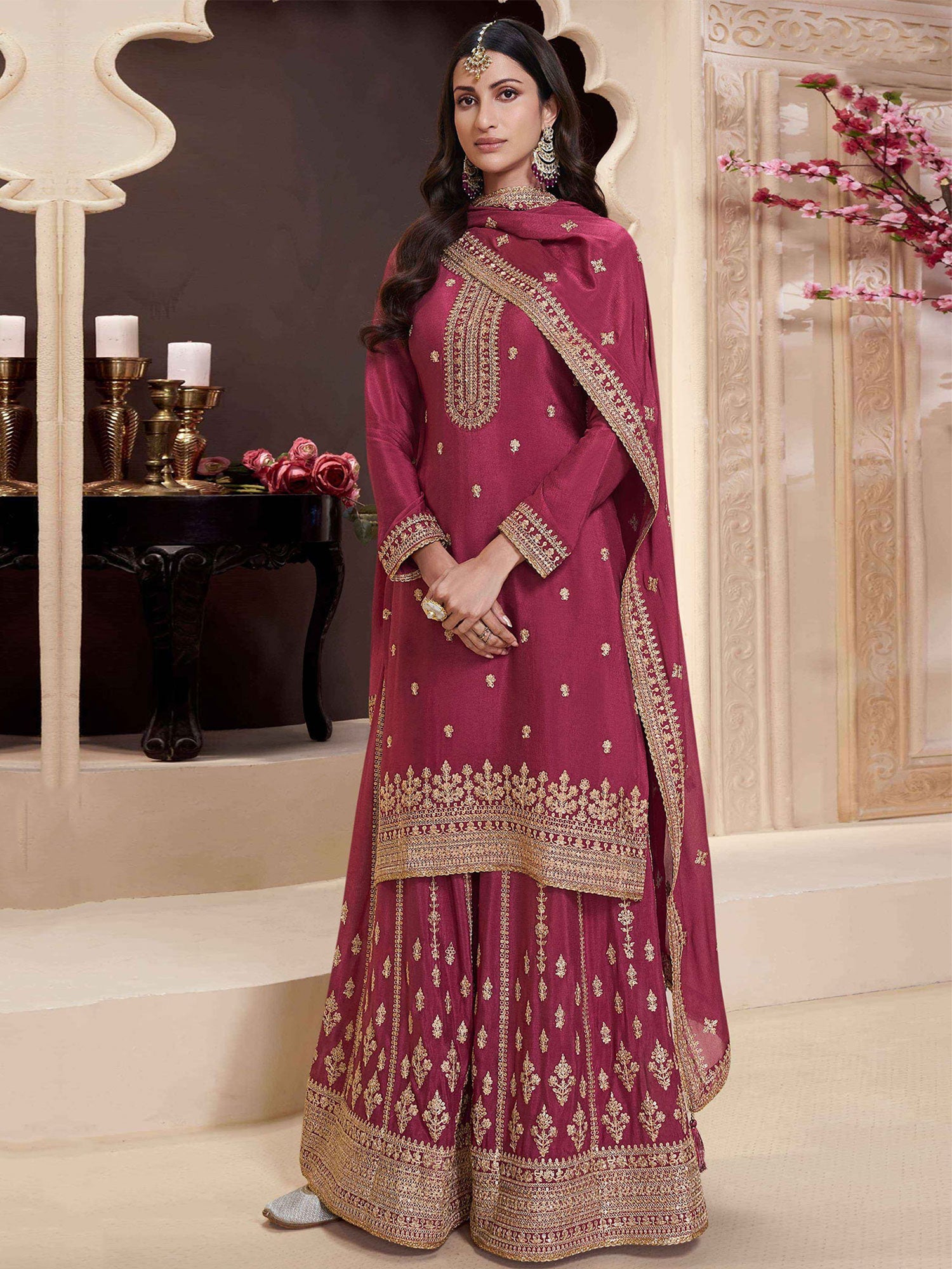 Magenta Zari Embroidered Wedding Salwar Kameez