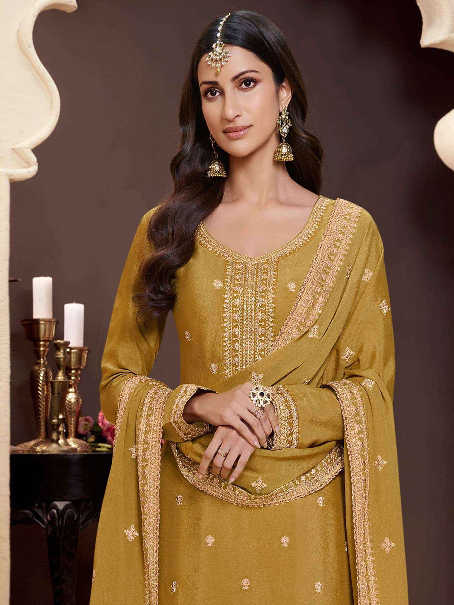 Yellow Palazzo Style Suit With Straight Cut Kameez