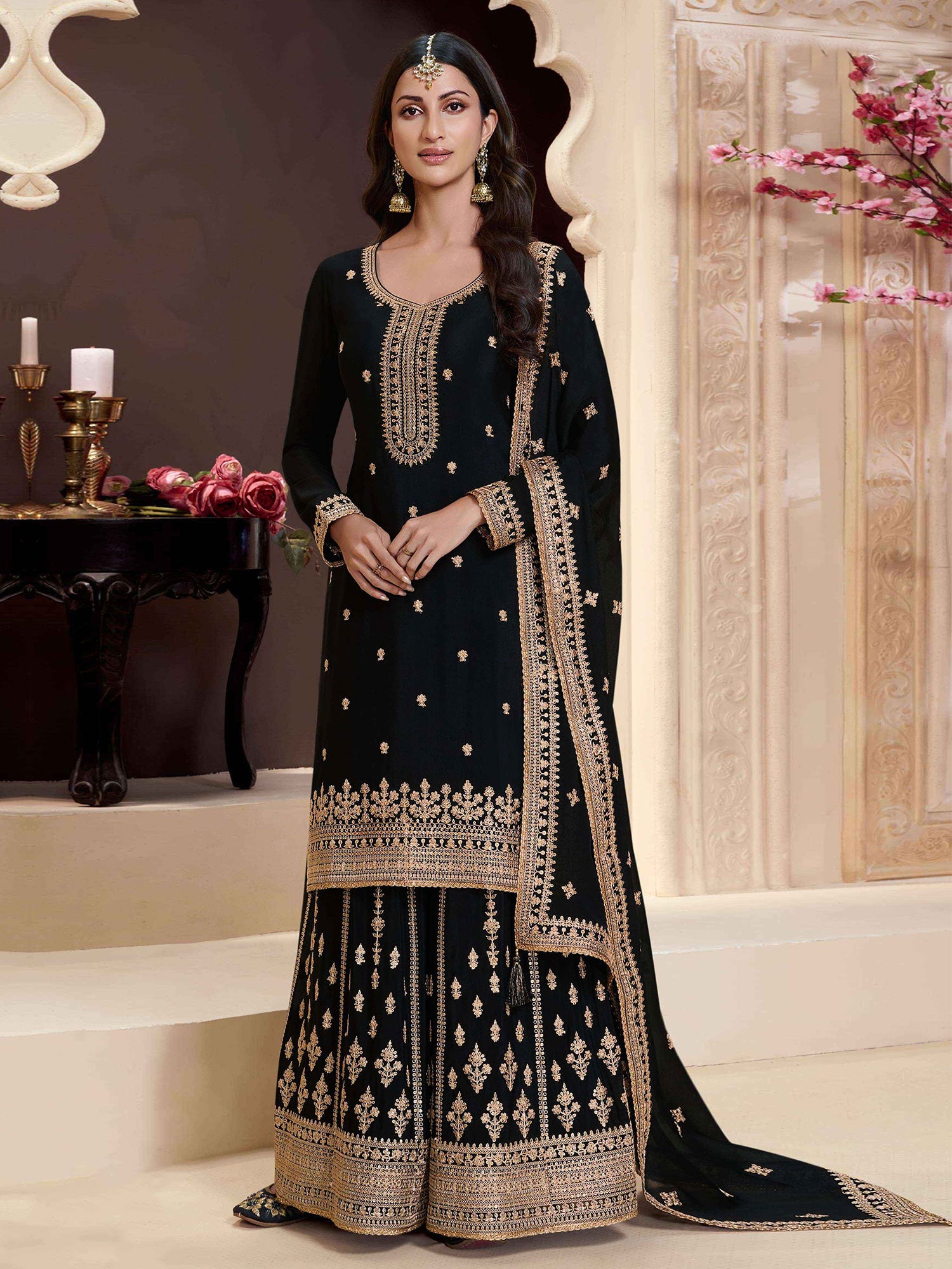 Black Silk Salwar Suit In Zari Work With Dupatta