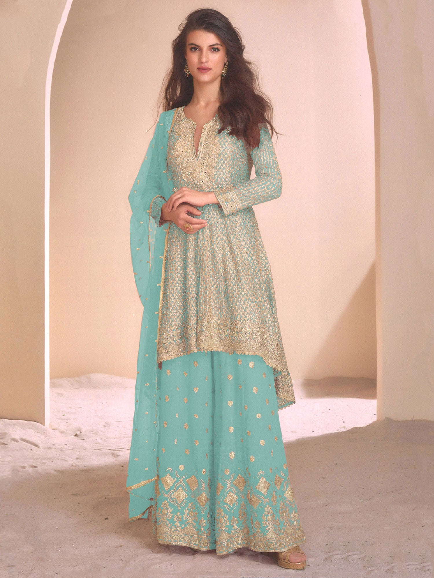Turquoise Blue Zari Embellished Sharara Style Suit