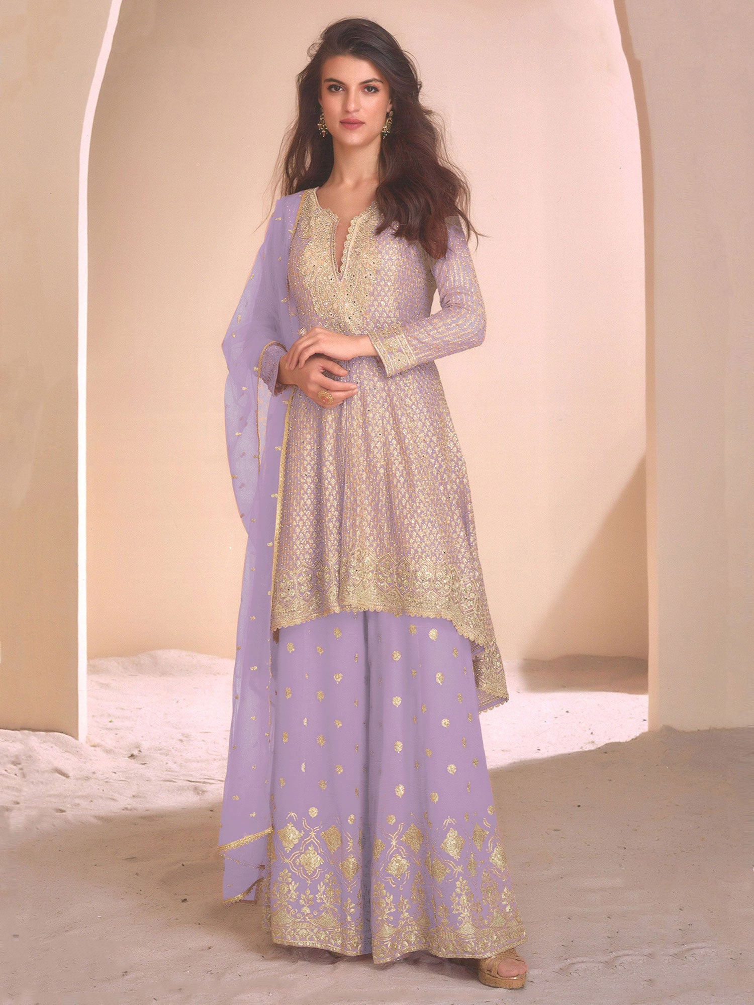 Lilac Full Sleeved Salwar Suit In Sharara Style