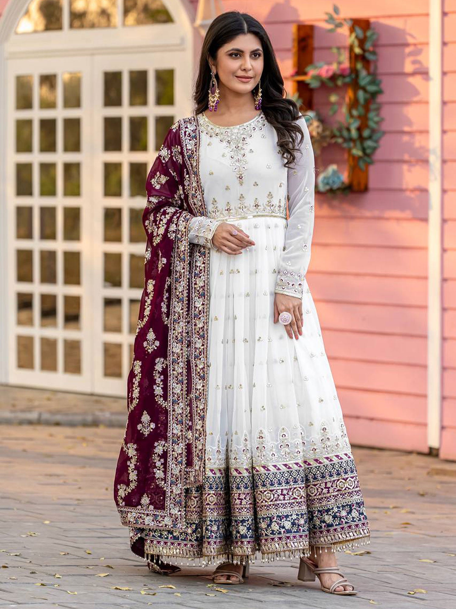 White Heavy Embroidered Pakistani Anarkali Suit