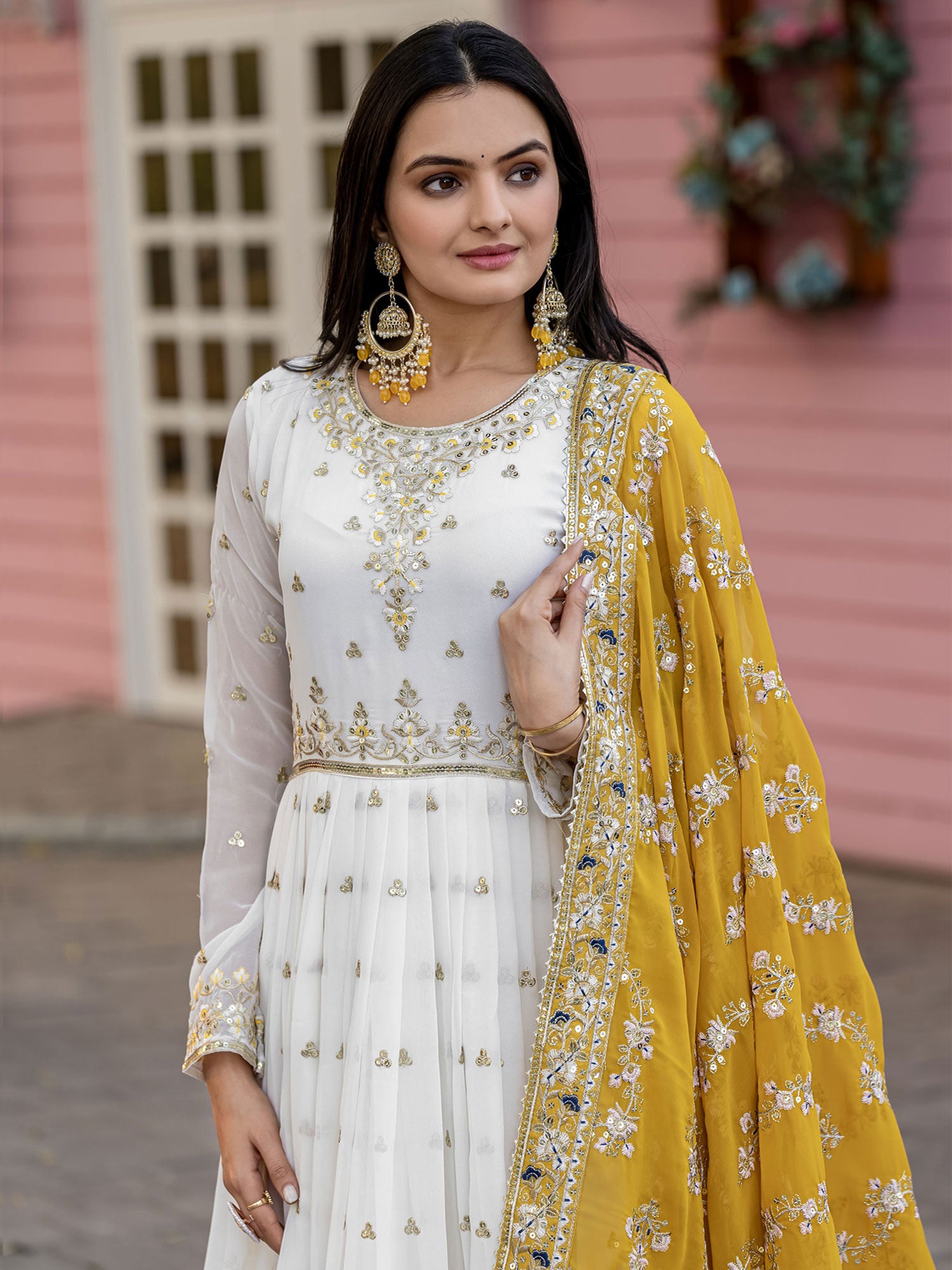 White Anarkali Style Suit With Embroidered Dupatta