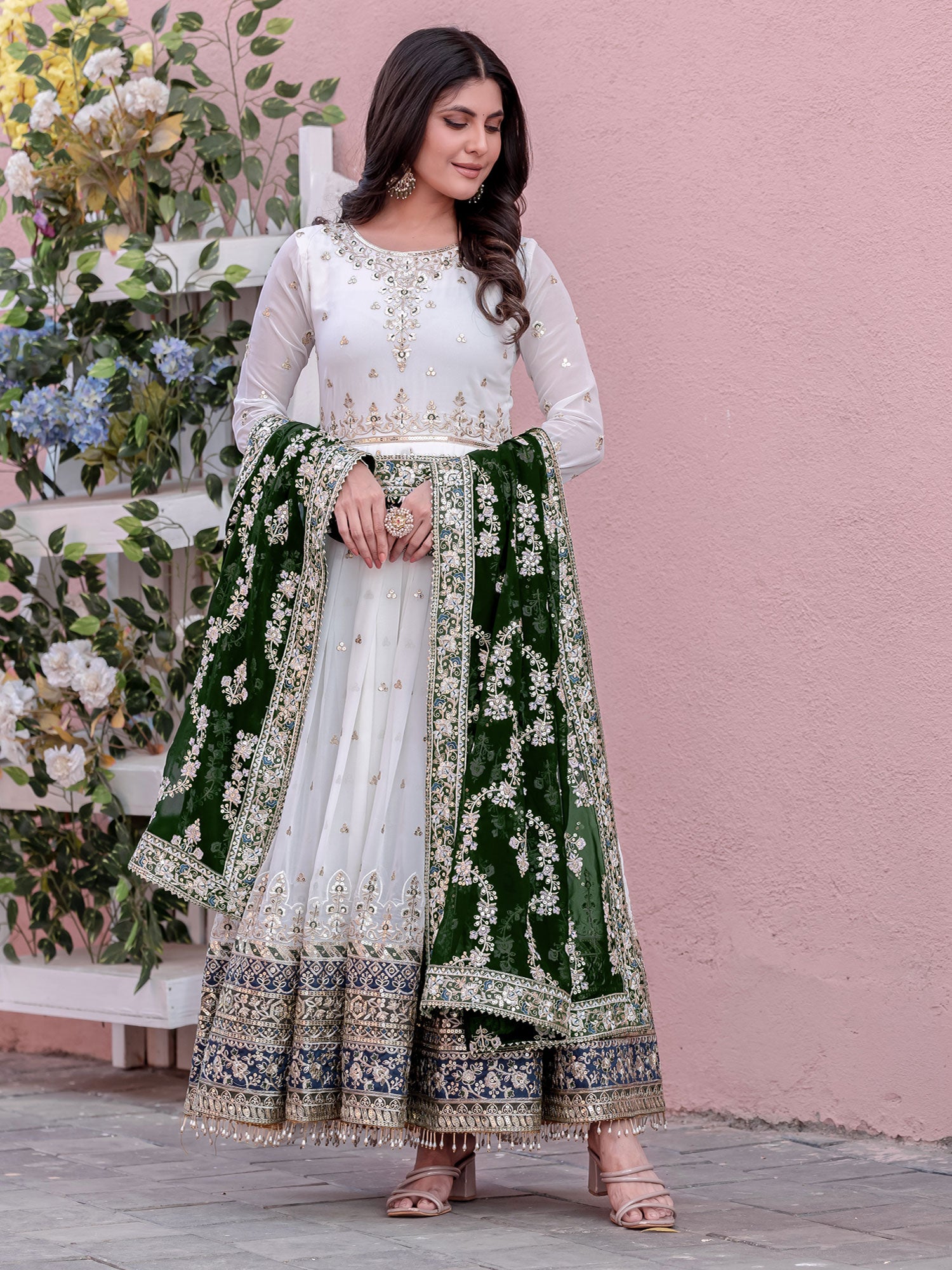 White Anarkali Suit With Dupatta In Sequins Embellishment