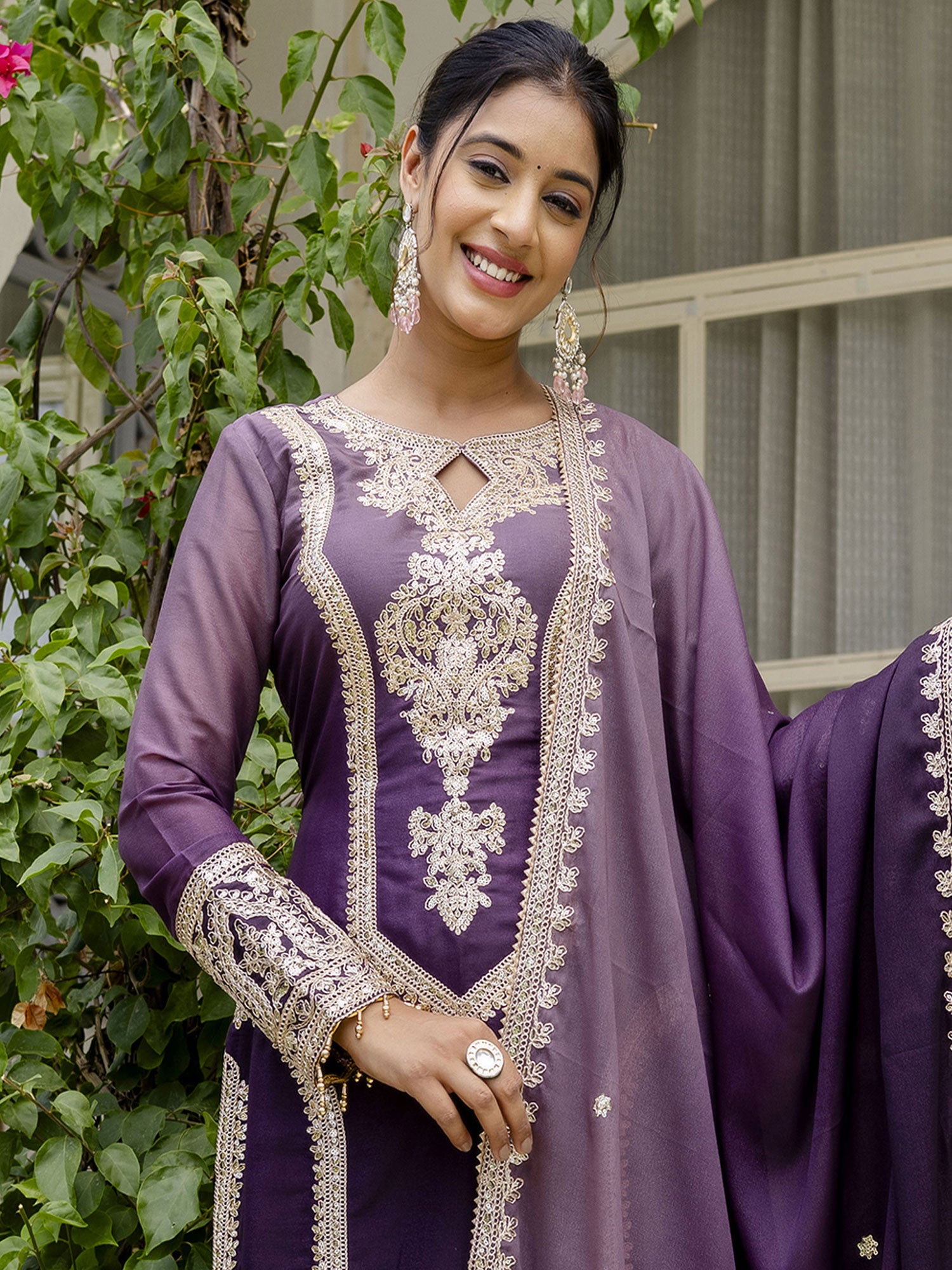 Purple Sequins Work Readymade Pakistani Suit