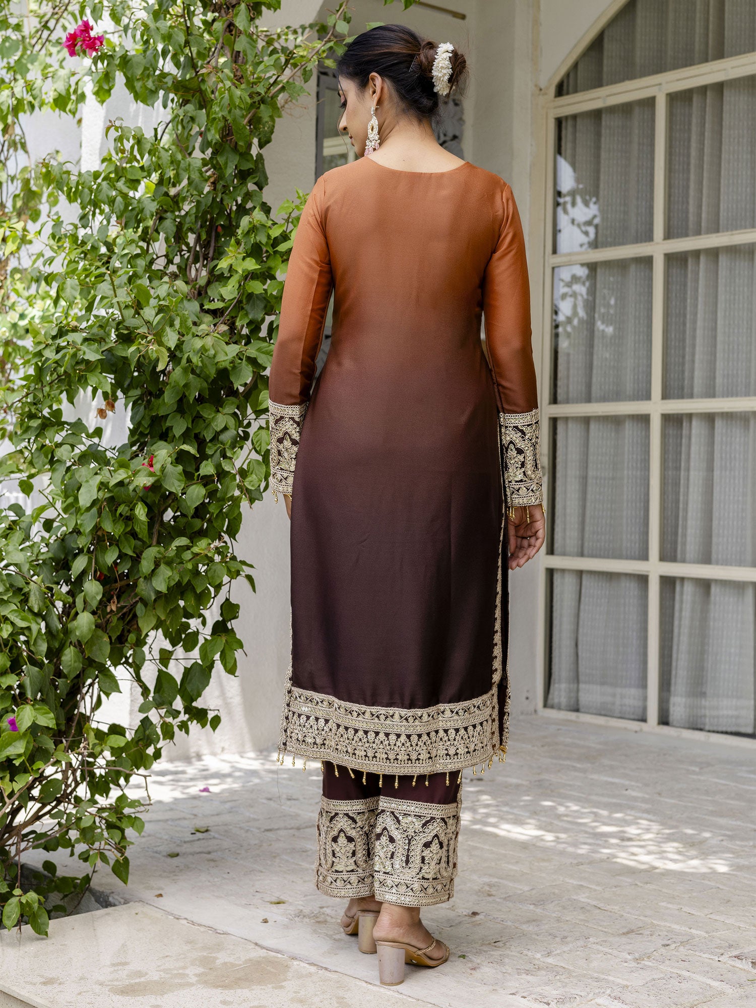 Brown And Orange Shaded Readymade Pant Style Suit