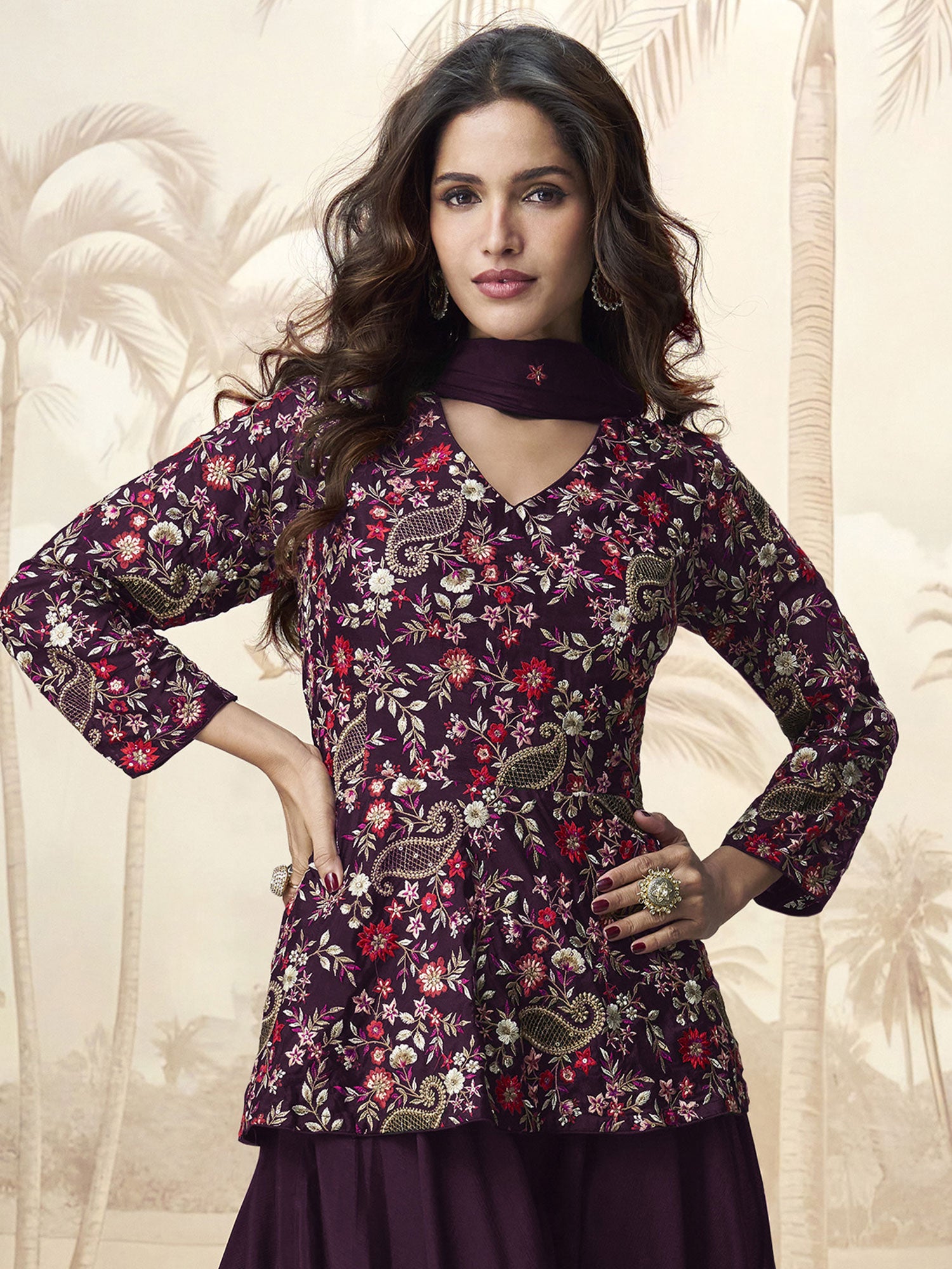 Midnight Purple Floral Thread Embroidered Palazzo Suit