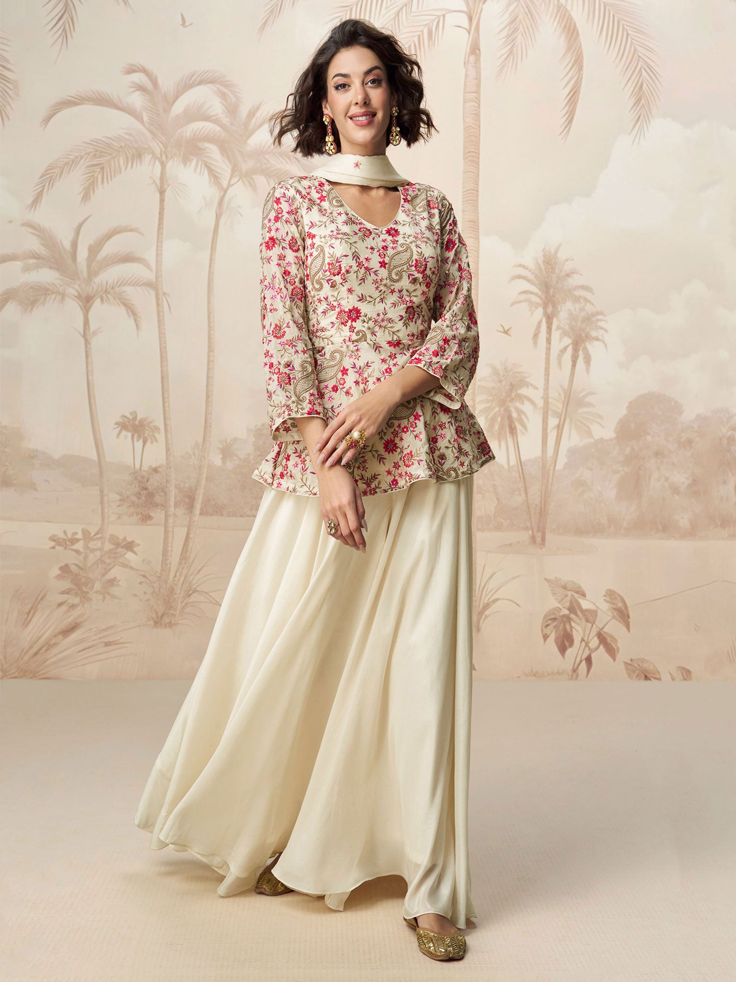 Off White Palazzo Style Suit In Heavy Floral Embroidery