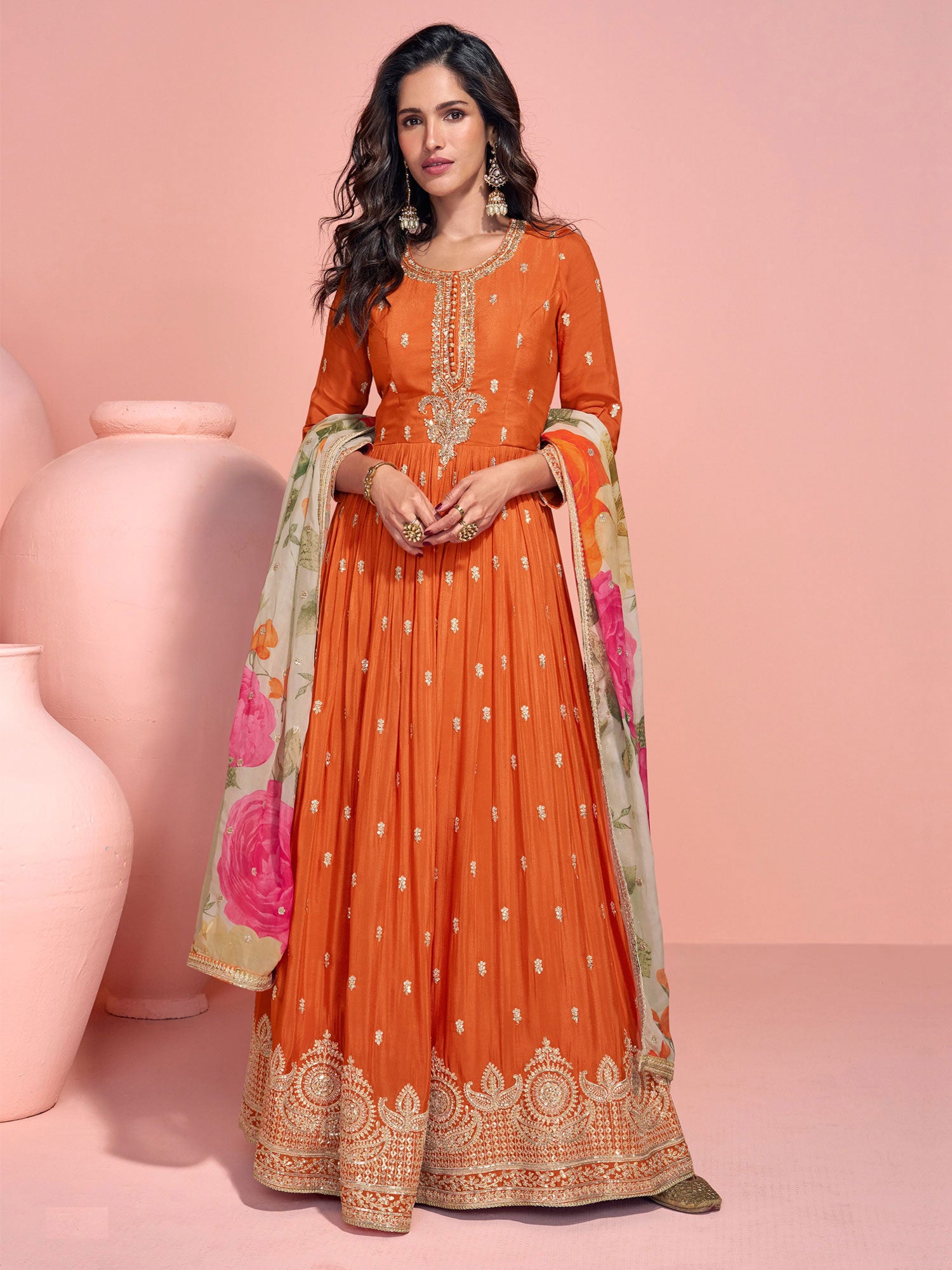 Orange Zari Embellished Salwar Kameez In Silk