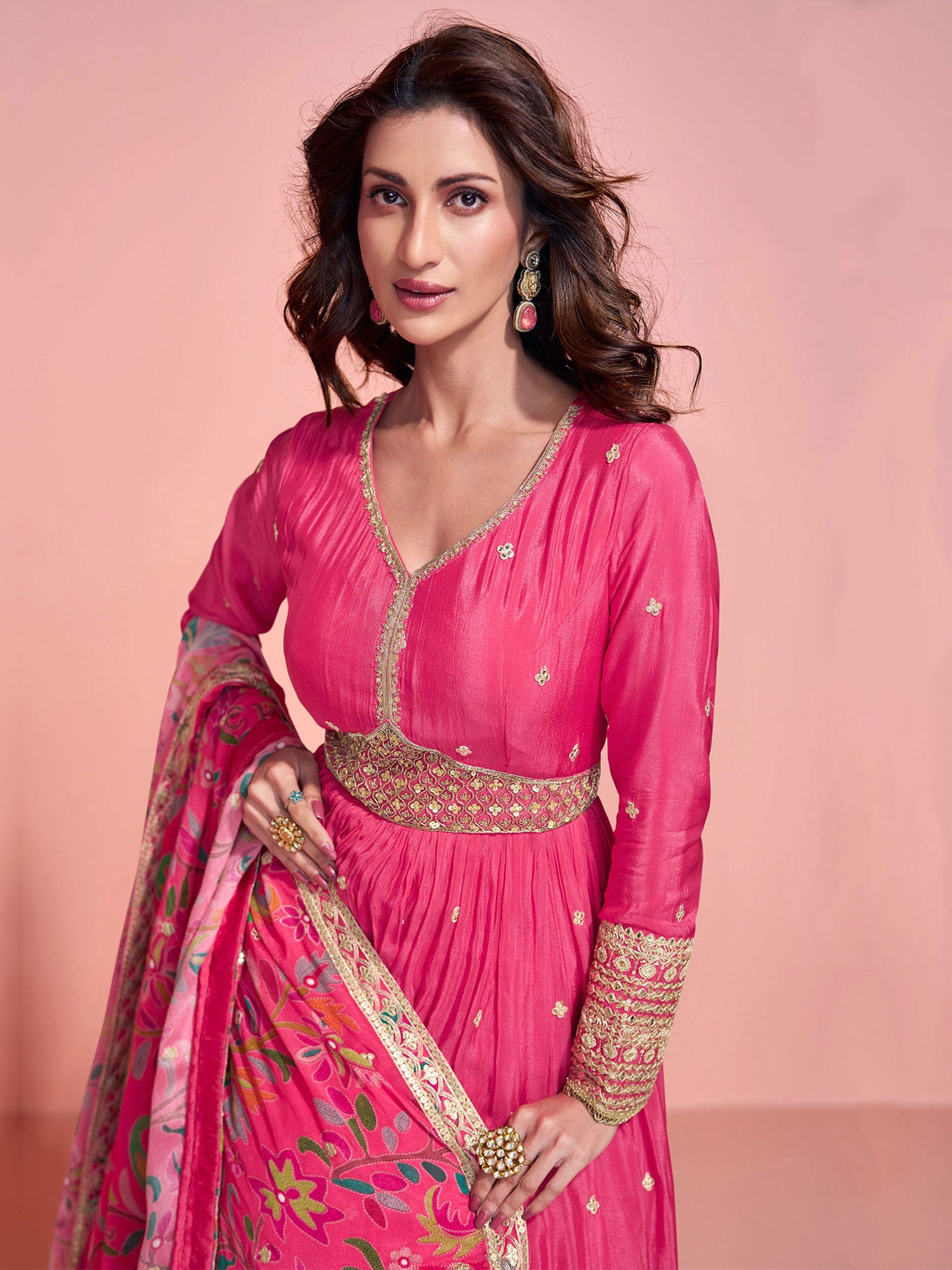 Pink Salwar Suit In Anarkali Style With Printed Dupatta