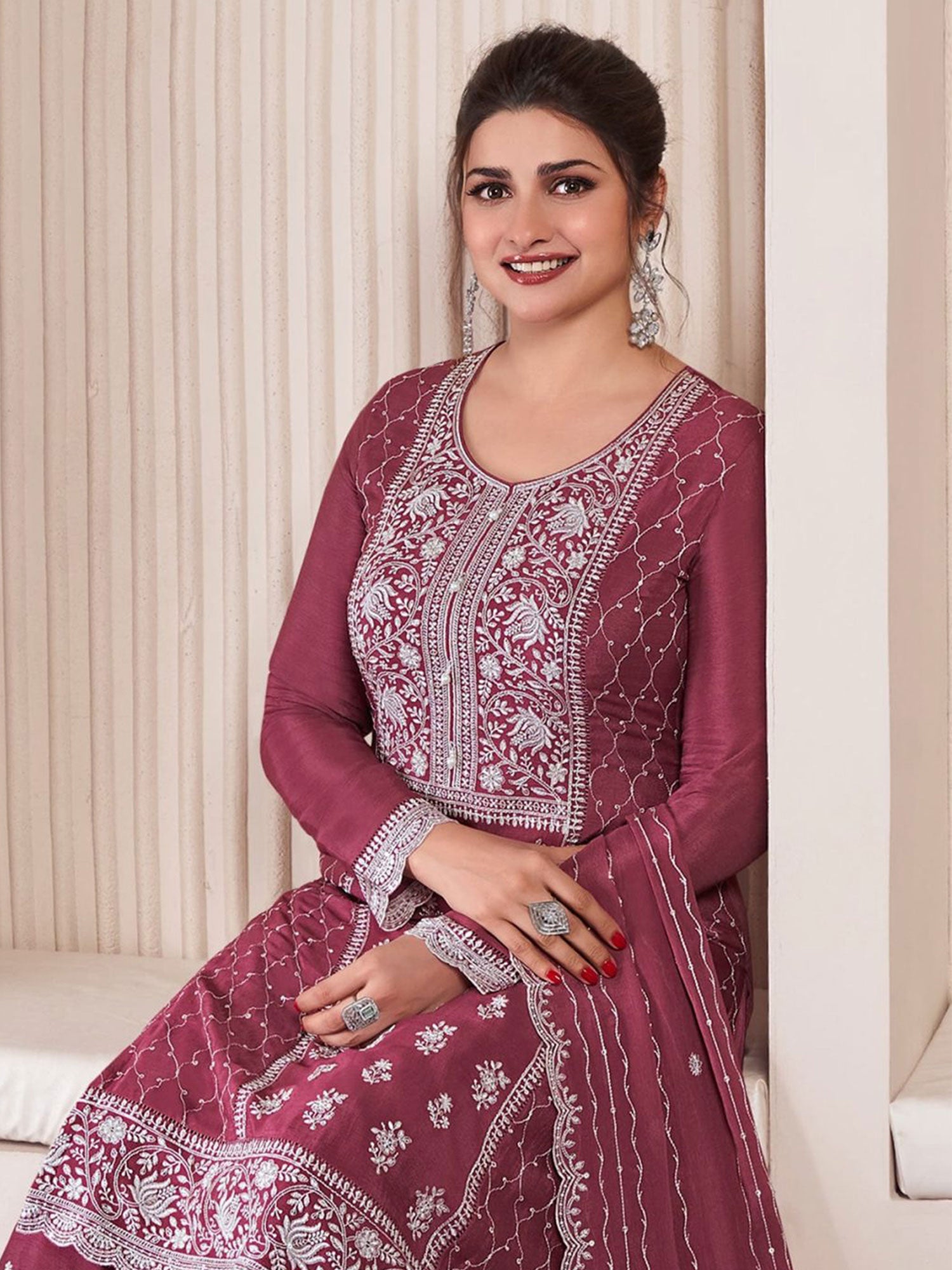 Mauve Palazzo Style Suit With Long Kameez