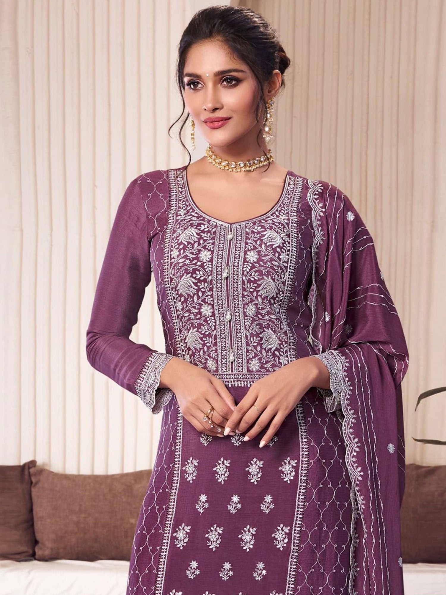 Purple Sequins Work Party Salwar Suit In Silk