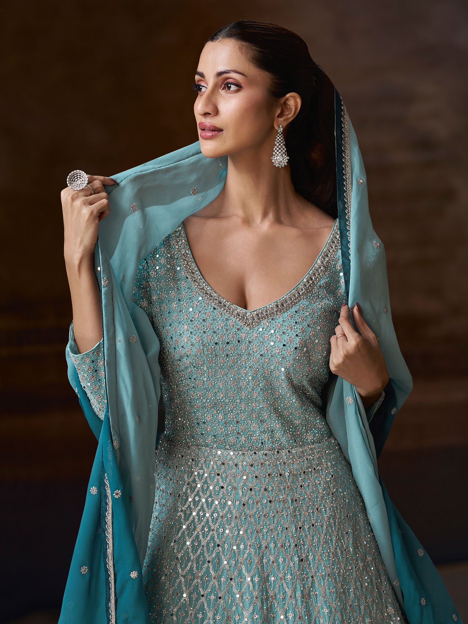 Blue Mirror Work Anarkali Suit With Shaded Dupatta