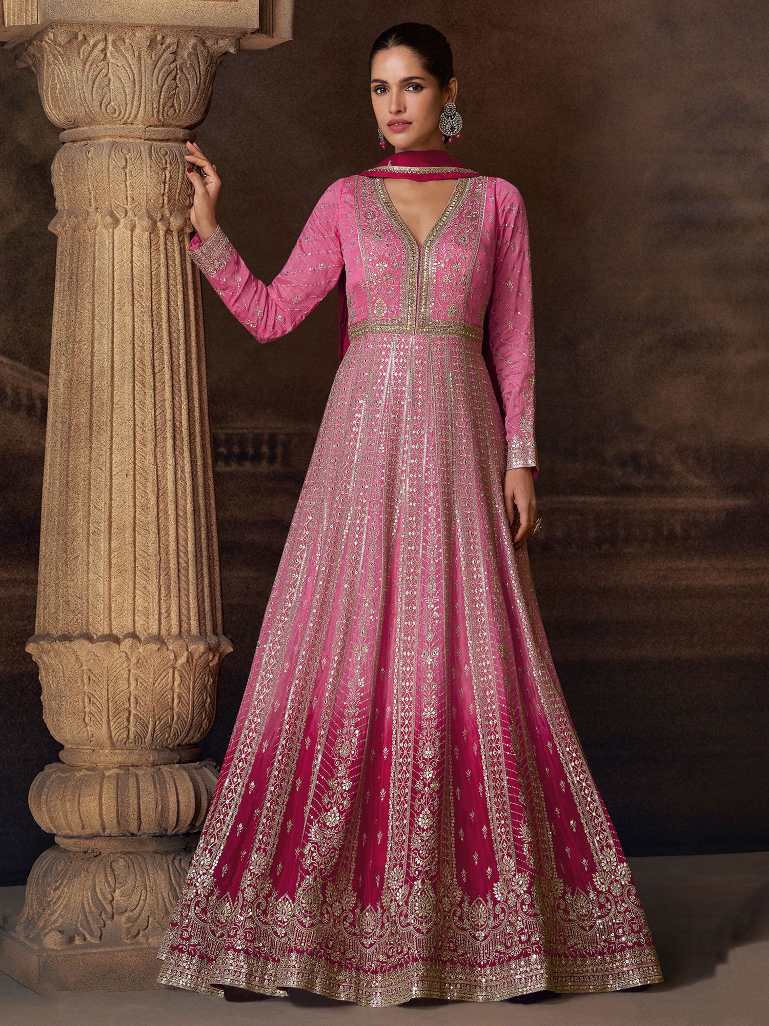 Pink Georgette Anarkali Suit In Heavy Embroidery