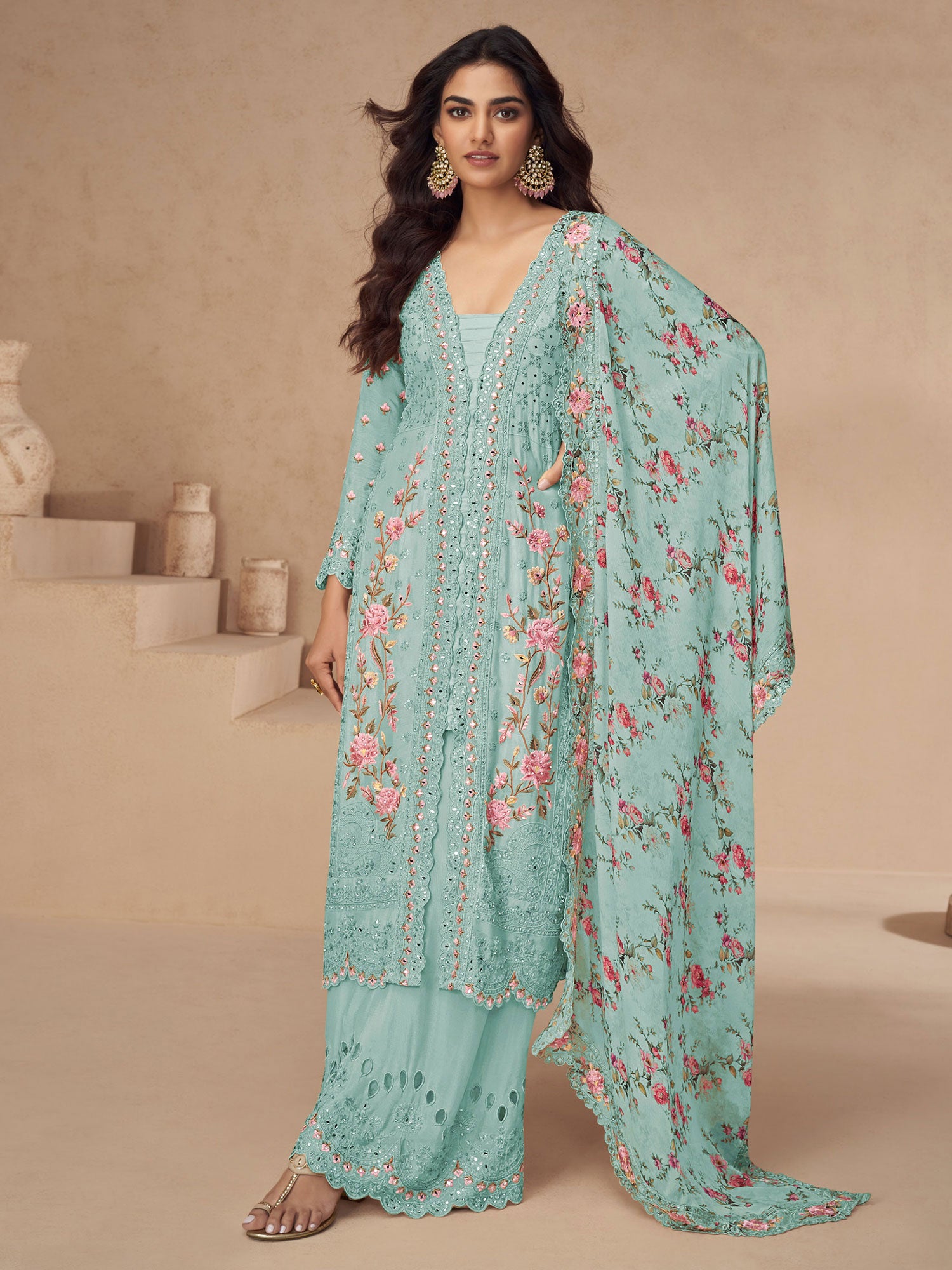 Turquoise Salwar Suit In Pakistani Style With Dupatta