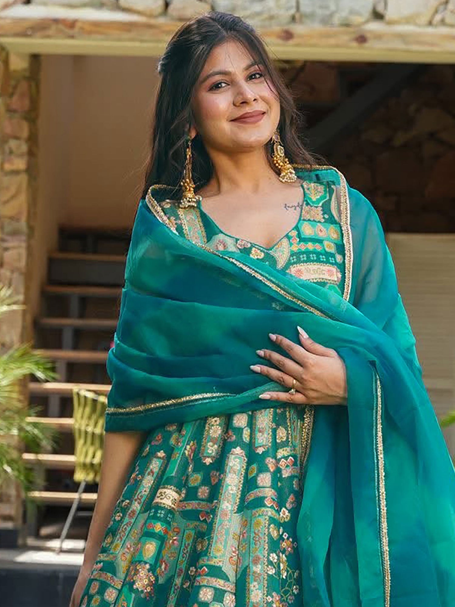 Turquoise Readymade Festive Salwar Kameez In Print