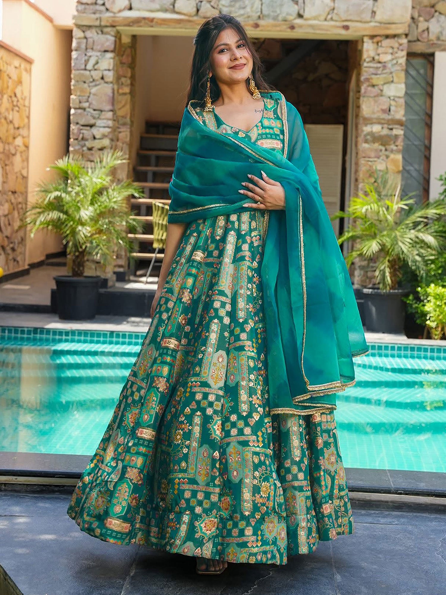 Turquoise Readymade Festive Salwar Kameez In Print