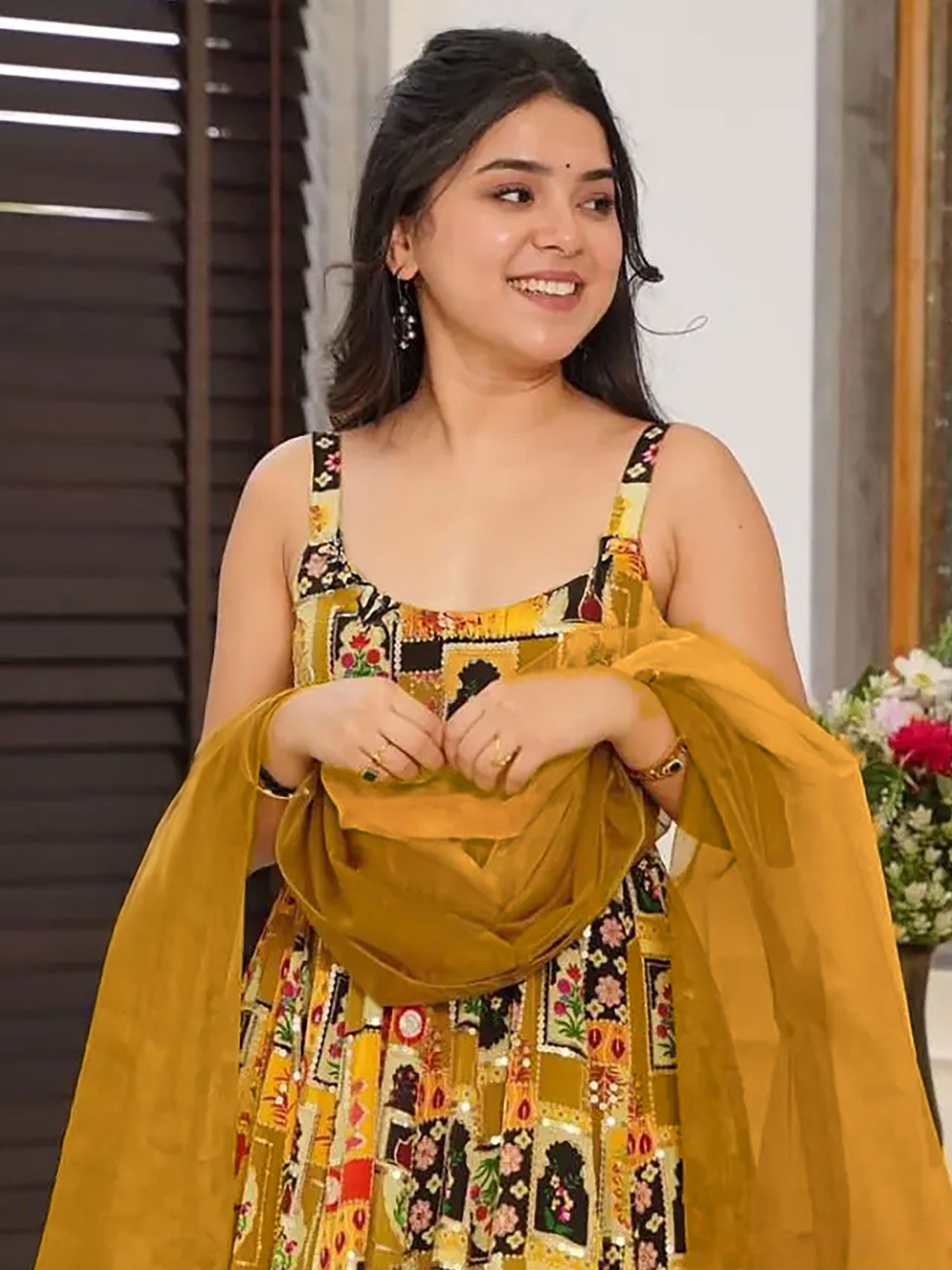 Yellow Printed Salwar Kameez In Anarkali Style