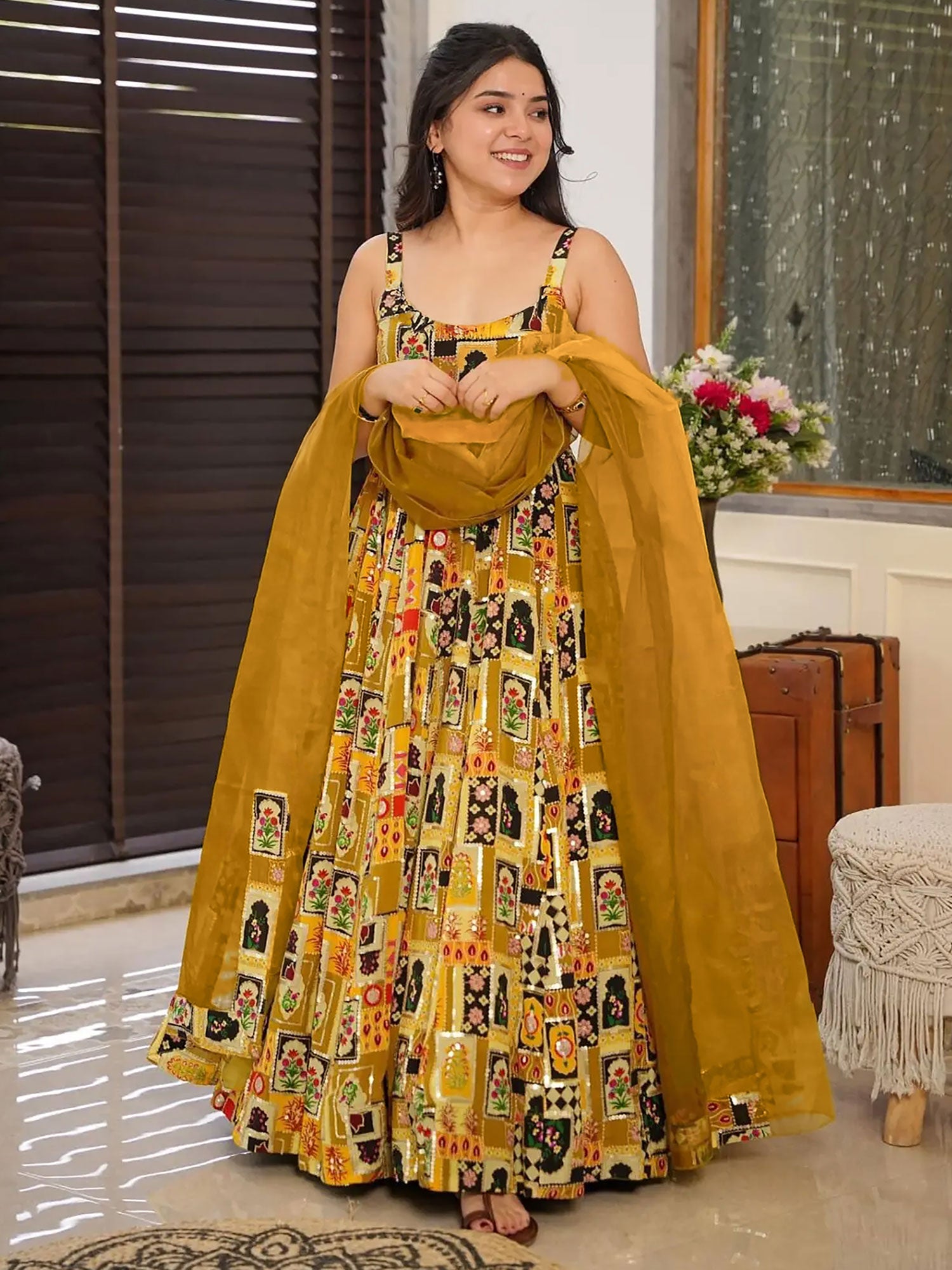Yellow Printed Salwar Kameez In Anarkali Style