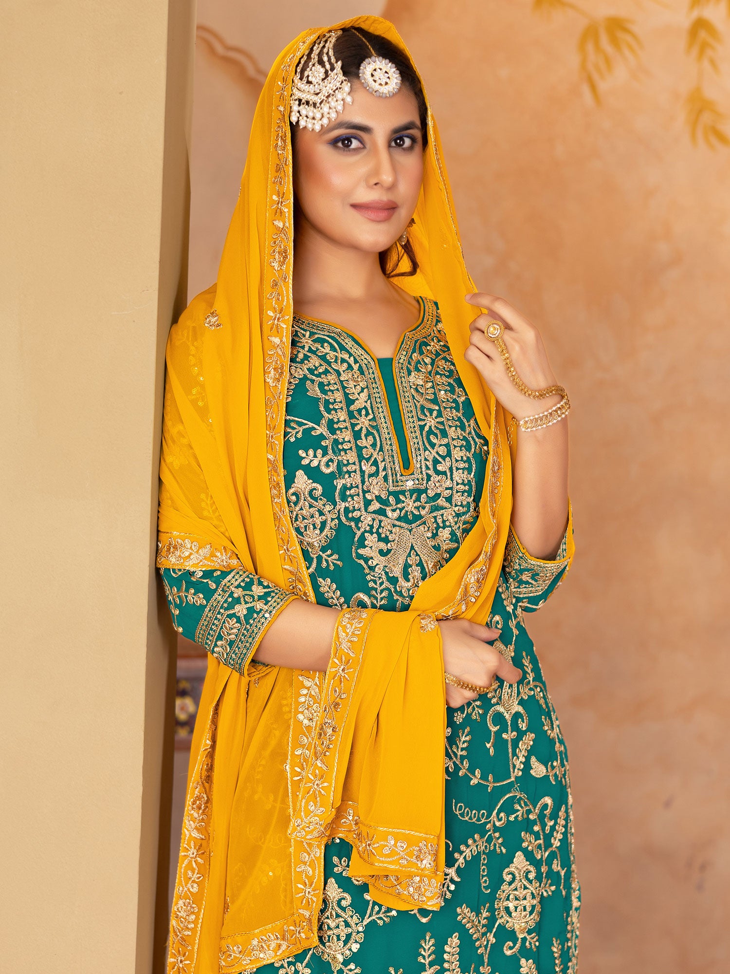 Green Palazzo Suit With Straight Cut Long Kameez