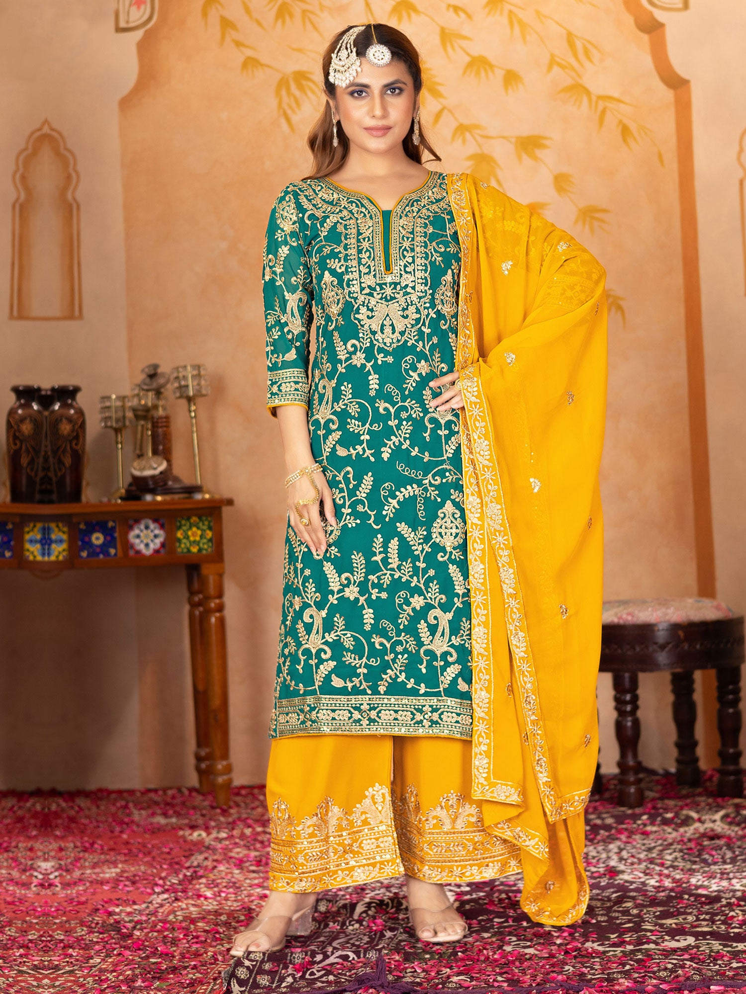 Green Palazzo Suit With Straight Cut Long Kameez