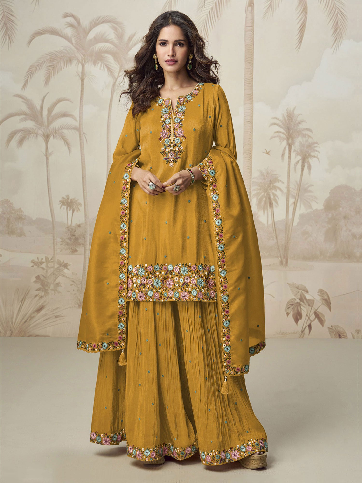 Dark Yellow Casual Palazzo Style Salwar Suit
