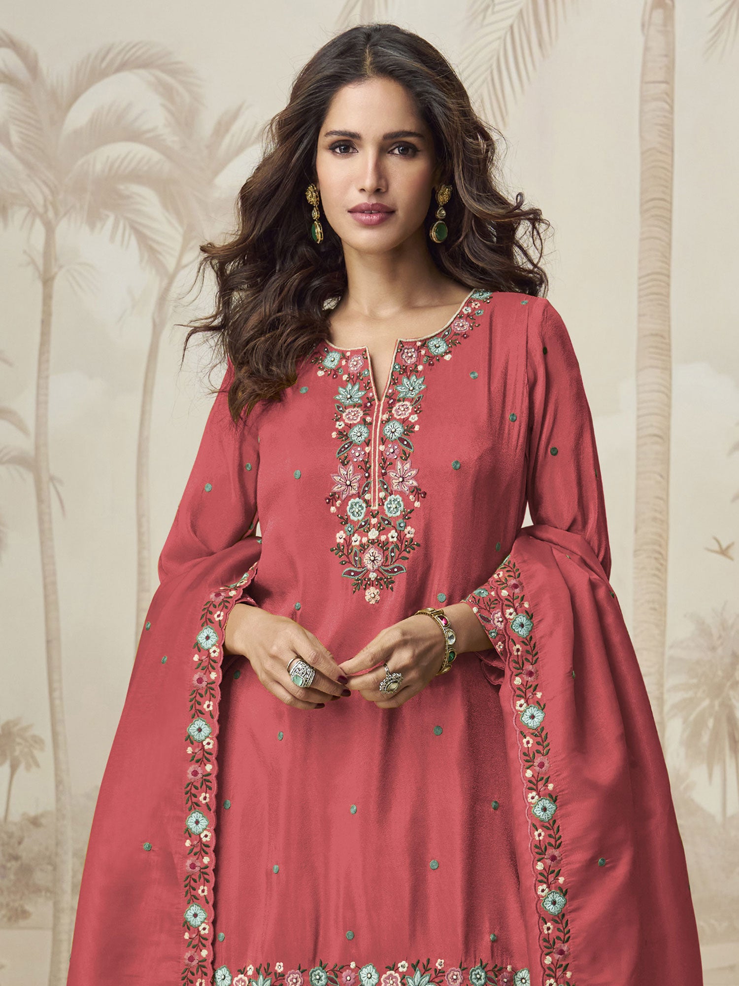 Dark Peach Palazzo Style Salwar Kameez In Shimmer