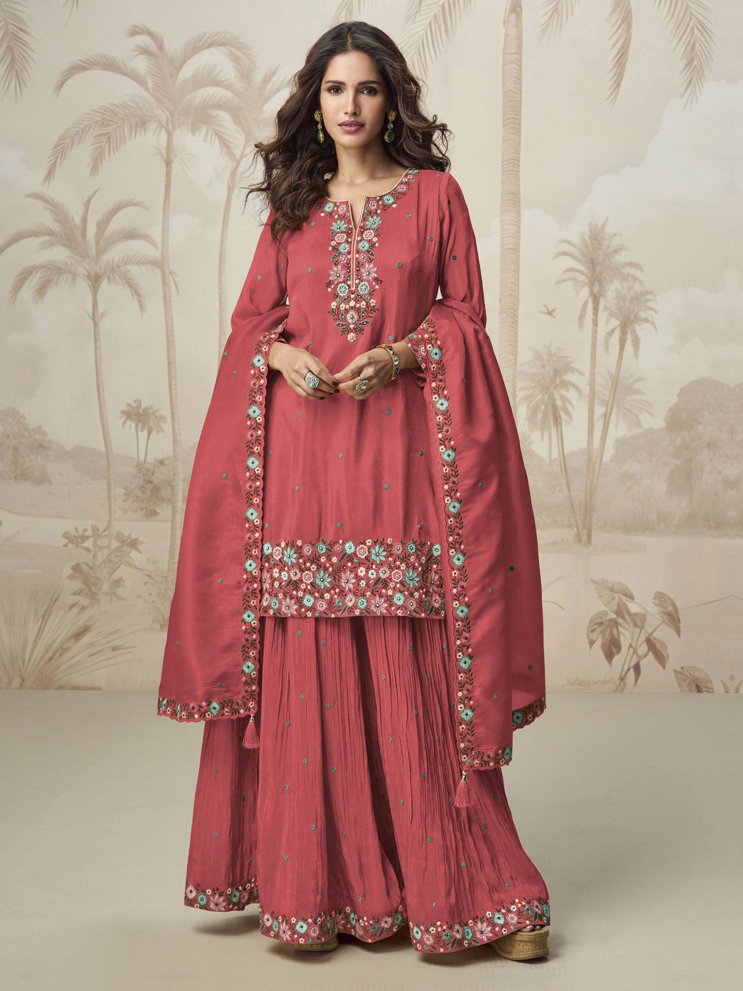 Dark Peach Palazzo Style Salwar Kameez In Shimmer