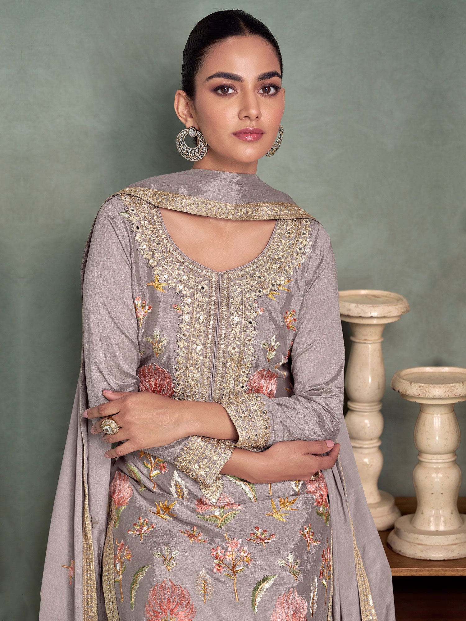 Grey Palazzo Style Salwar Kameez In Mirror Work