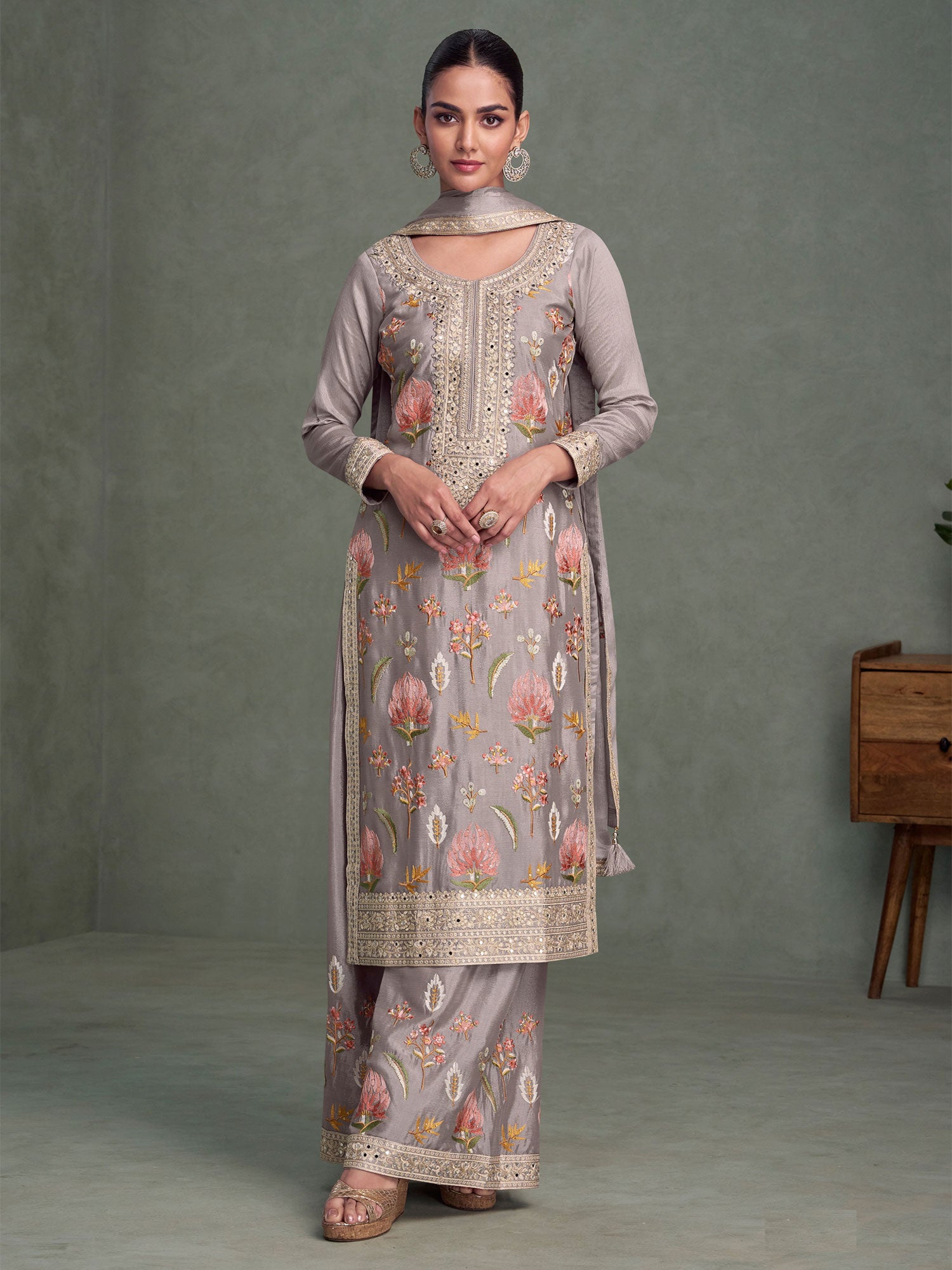 Grey Palazzo Style Salwar Kameez In Mirror Work